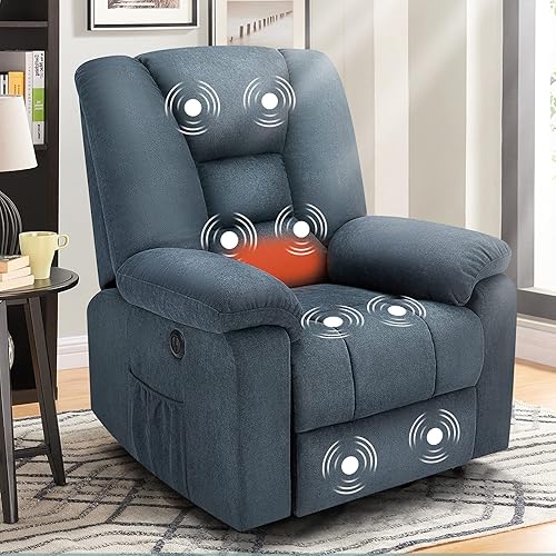 Oneinmil Power Lift Recliner Massage Sofa for Elderly, Living Room Chair with Side Pocket, Remote Control,USB Ports, Blue Grey