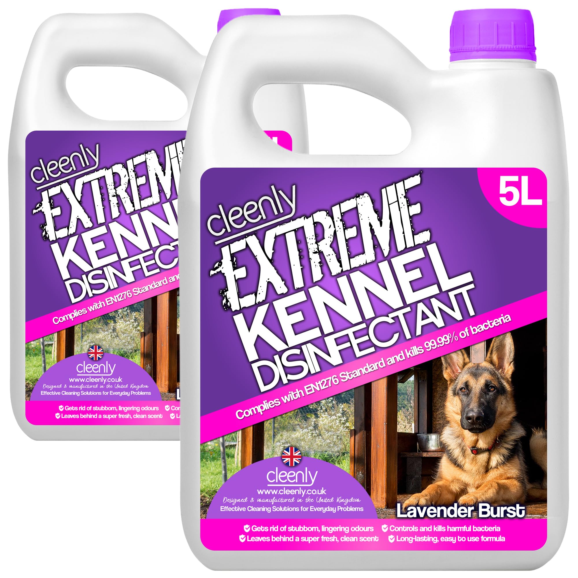 Cleenly Extreme Kennel Cleaner Disinfectant 2 x 5L– 3-in-1 High Strength Pet Cleaner, Kills 99.9% of Bacteria, EN1276 Tested, Odour Eliminator for Kennels, Floors & Pet Areas (Lavender)