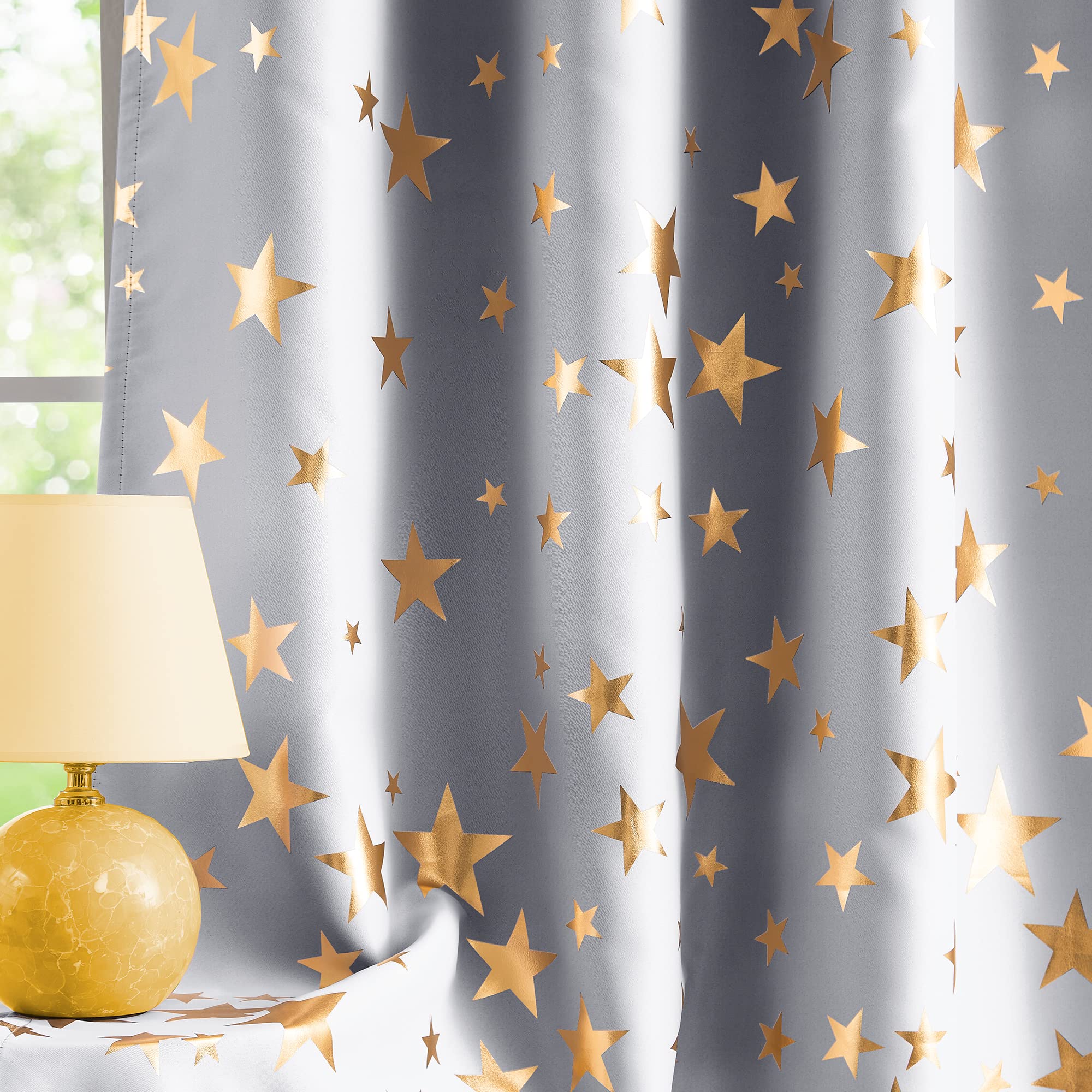 Treatmentex Grey Gold Blackout Curtains for Living Room 90 inch Drop Eyelet Curtains for Bedroom Star Geometric Foil Thermal Insulated Window Curtain Panels 2 Panels - Image 2