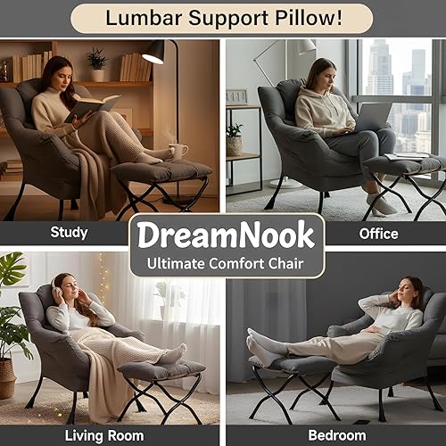Miniatura 6 de Silla perezosa con otomana, silla decorativa moderna con almohada lumbar, sillas cómodas con reposapiés plegable para dormitorio, lectura, sillas de
