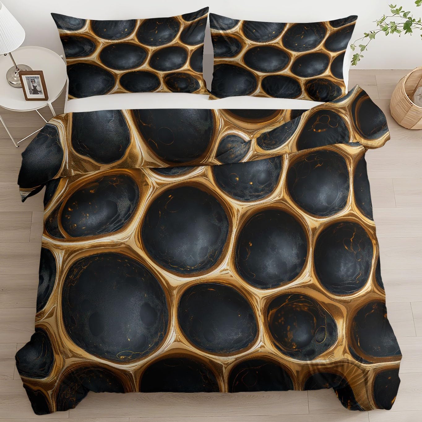 2-osobowy komplet pościeli 200 x 200 cm czarny, pojedynczy metalowy wzór plastra miodu, super miękka poszwa na kołdrę z mikrofibry nadruk 3D o wysokiej rozdzielczości, z zamkiem błyskawicznym i 2