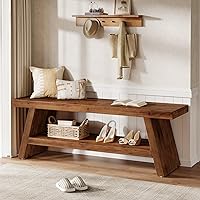 Tribewood 2-Tier Solid Wood Entryway Bench with Shoe Storage Shelves - Rustic Brown Foyer Hallway Seating