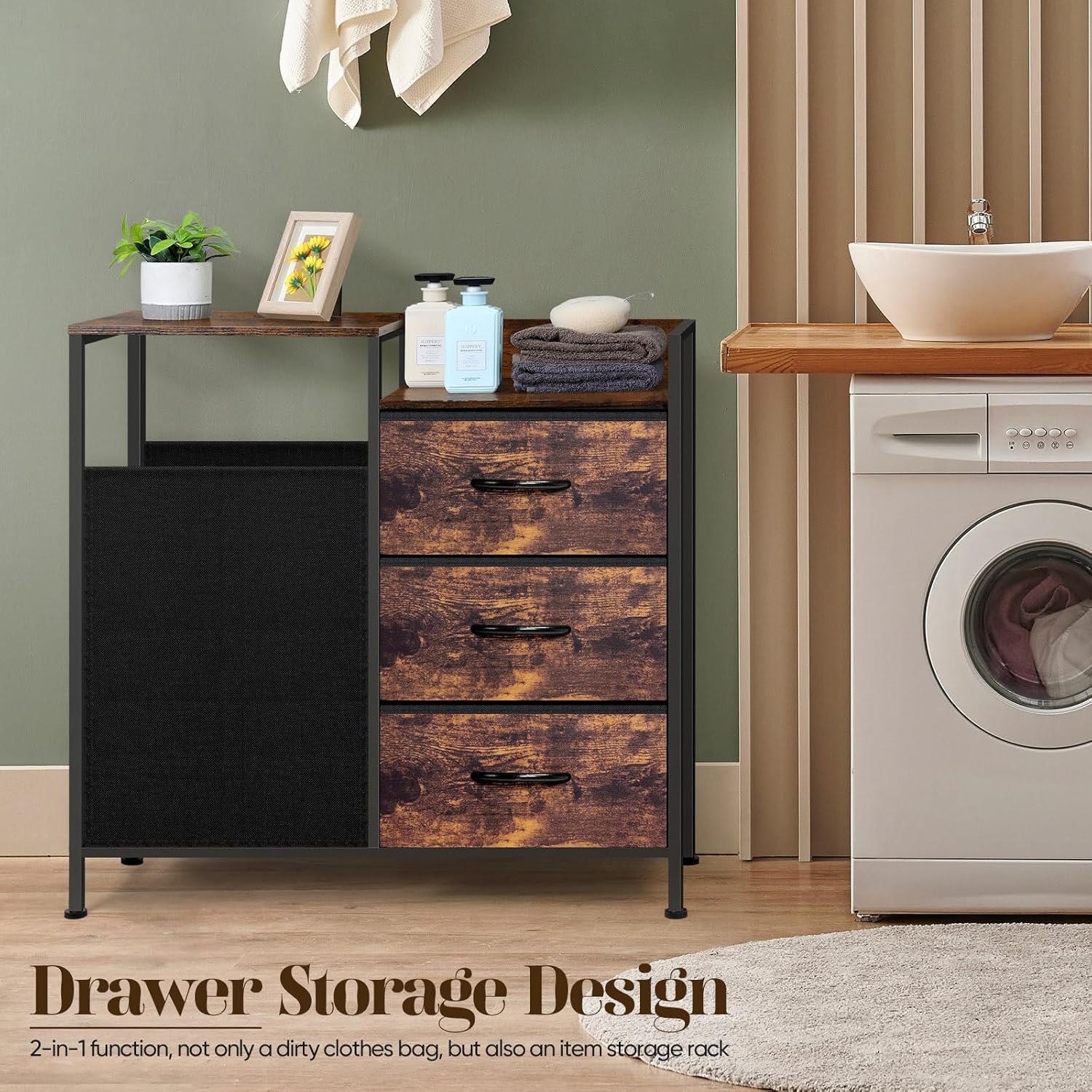 Laundry Hamper with Top Shelf, Laundry Basket Organizer with 1 Large Removable Dirty Clothes Bag & 3 Pull-Out Cloth Drawer, Dirty Clothes Hamper Organizer for Laundry Room Bathroom and Dorm