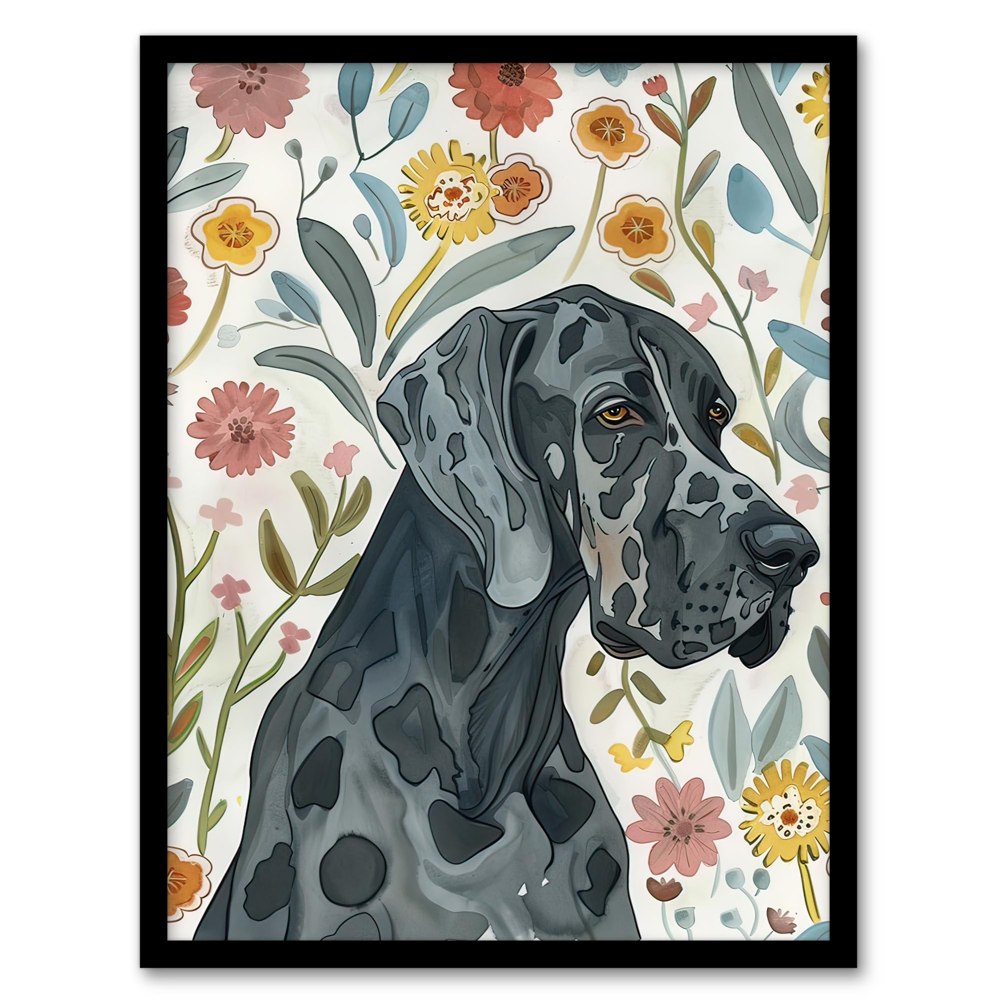 Artery8 Great Dane Pet With Flowers Dog Lover Watercolour Living Room Artwork Framed Wall Art Print A4
