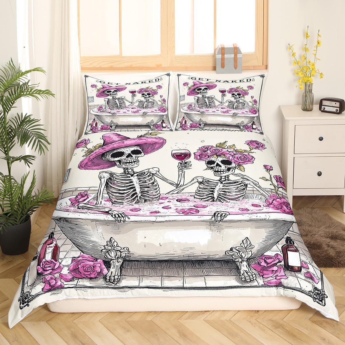 Skeleton Couple Duvet Cover Set Toddler Size,Pink Rose Flower Bedding Set 2Pcs for Kids Teens Girls Boys Room Decor,Western Cowboy Cowgirl Comforter Cover Romantic Gothic Quilt Cover,1 Pillowcase