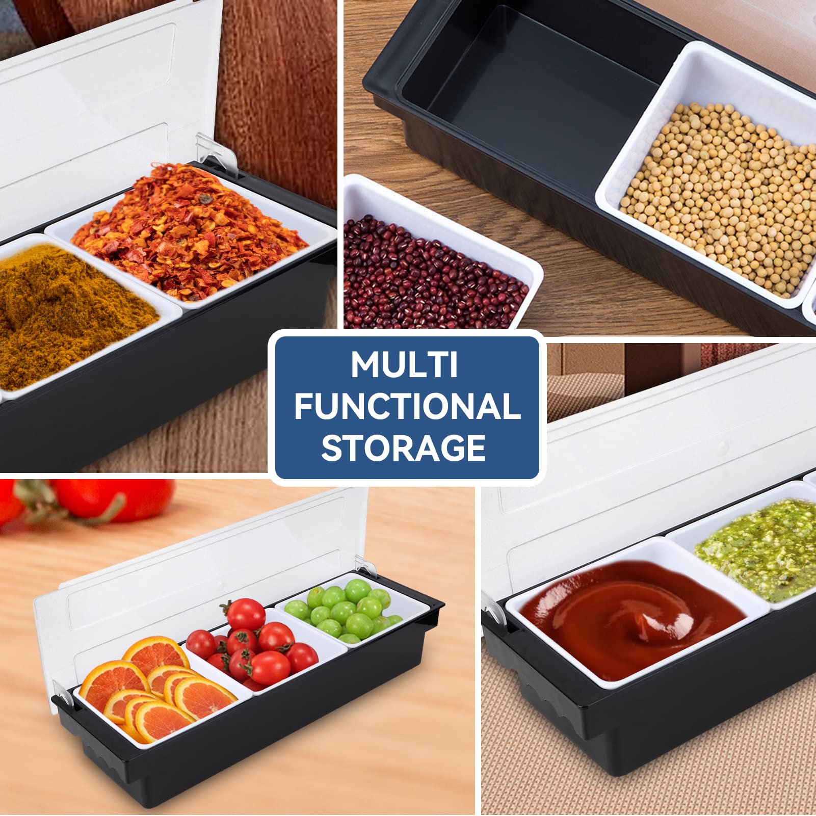 Food & Condiment Dispenser mit Deckel, Plastic Bar Garnish Station Dispenser Tray zum Servieren von Taco/Eis/Obst/Salat Bar(3 Compartment)