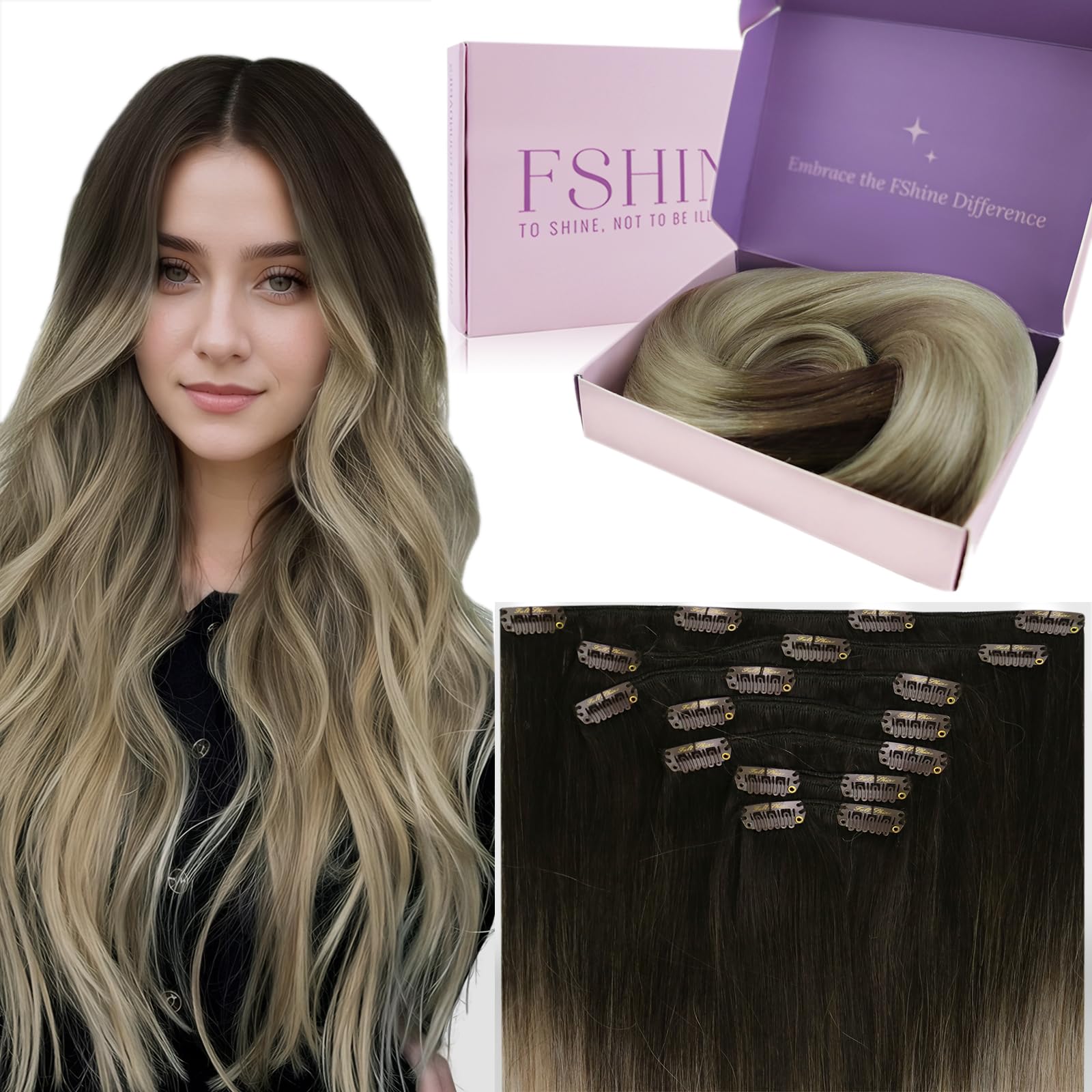 Fshine Clip Reale Dei Capelli Umani Di Nelle Estensioni Dei Capelli Brown Fading a Cenere Bionda E Platino Bionda Diritta Reale Dei Capelli Umanii 60cm 120g 7pcs