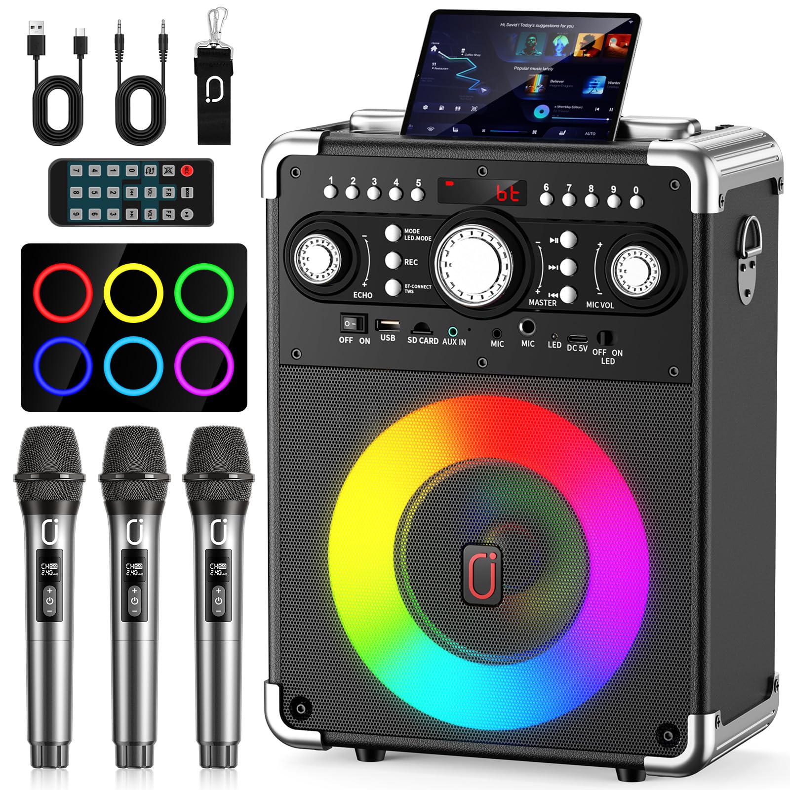 HWWR Karaoke Machine with 3 Wireless Mics Bluetooth Speaker for Adult