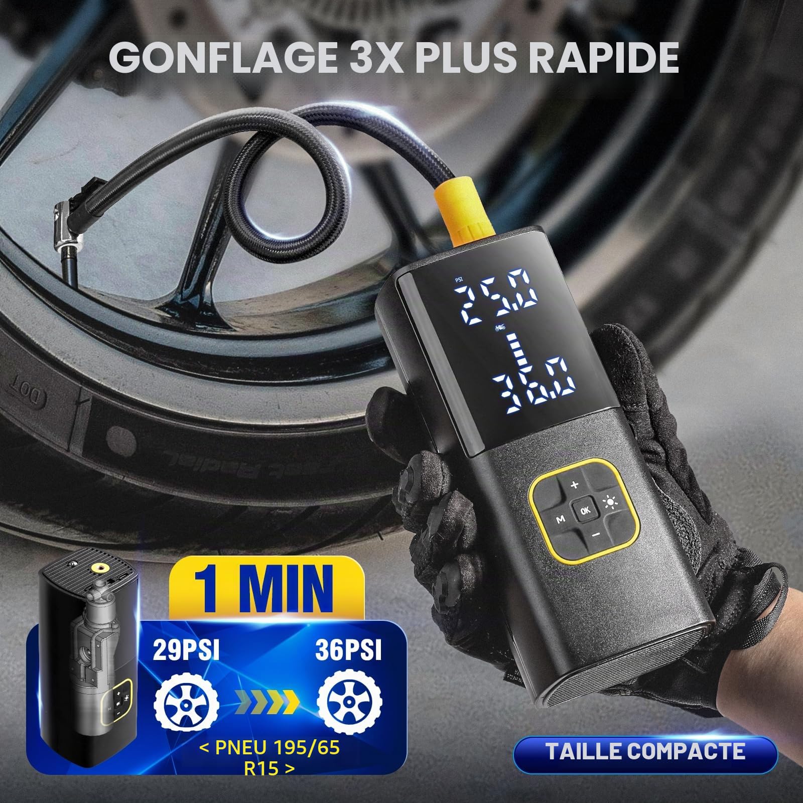 Zune Lotoo Compresseur à Air Portatif 150 PSI, 9000 mAh Gonfleur Pneus Voiture avec Écran Numérique LED, Mini Pompe Velo Electrique avec Câble 12V CC et Lumière LED pour Voiture, Moto, Vélo, Balles