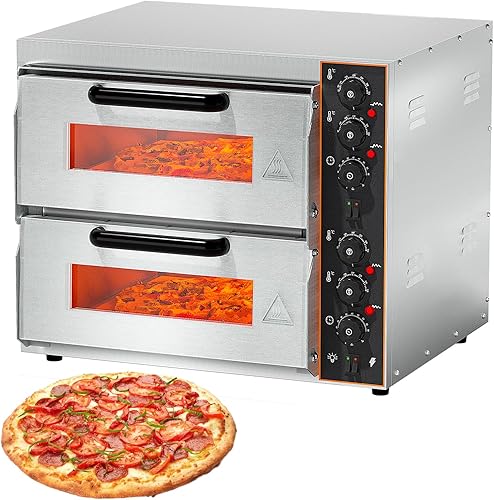 Shikha Horno de pizza comercial de 16 pulgadas, máquina eléctrica de doble capa para hacer pizza con piedra, temporizador de acero inoxidable para