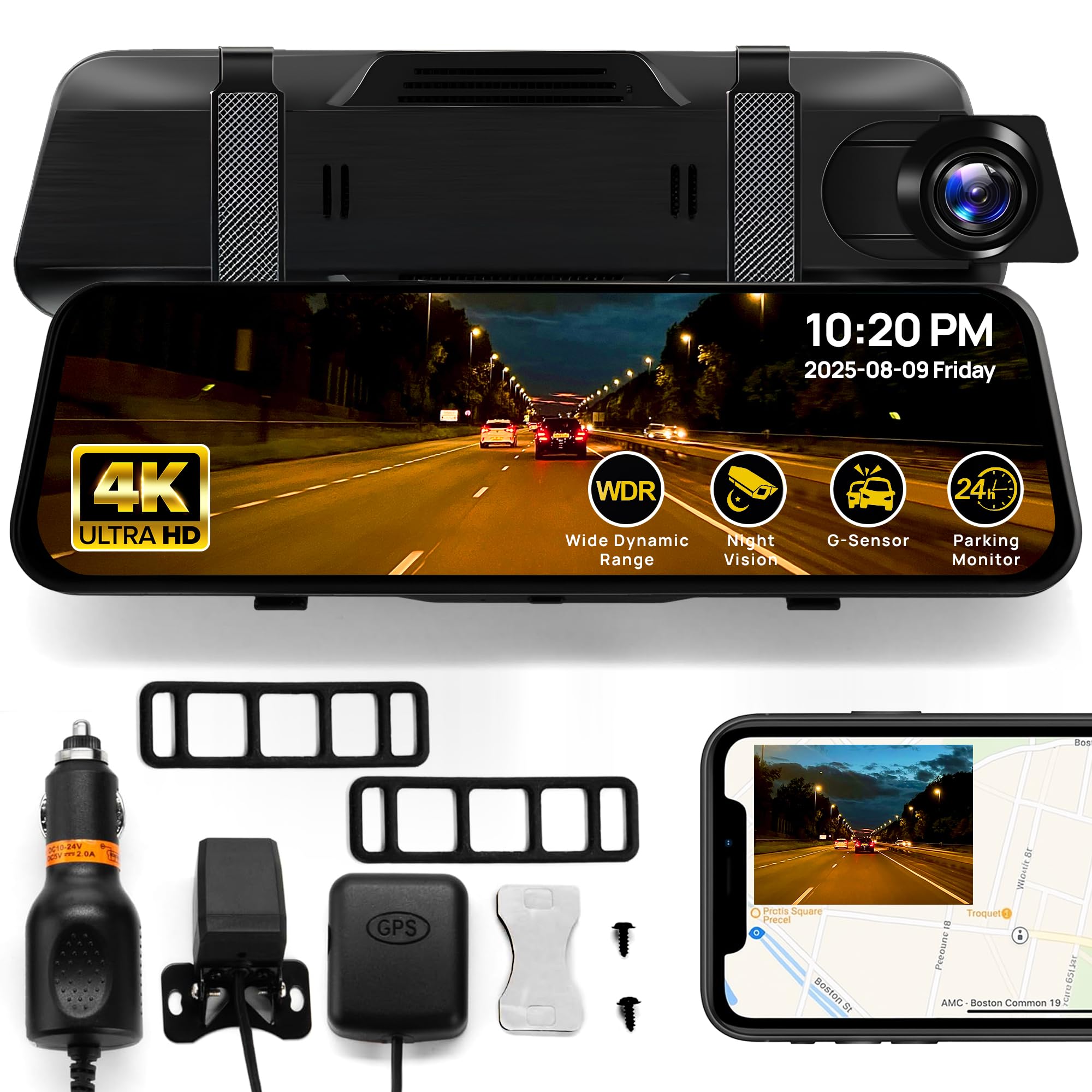 RIVELA 10” Rear View Mirror Camera - 4K Touchscreen Digital Rearview Mirror with GPS, G-Sensor, Loop Recording, Night Vision, 170° Wide Angle, Backup