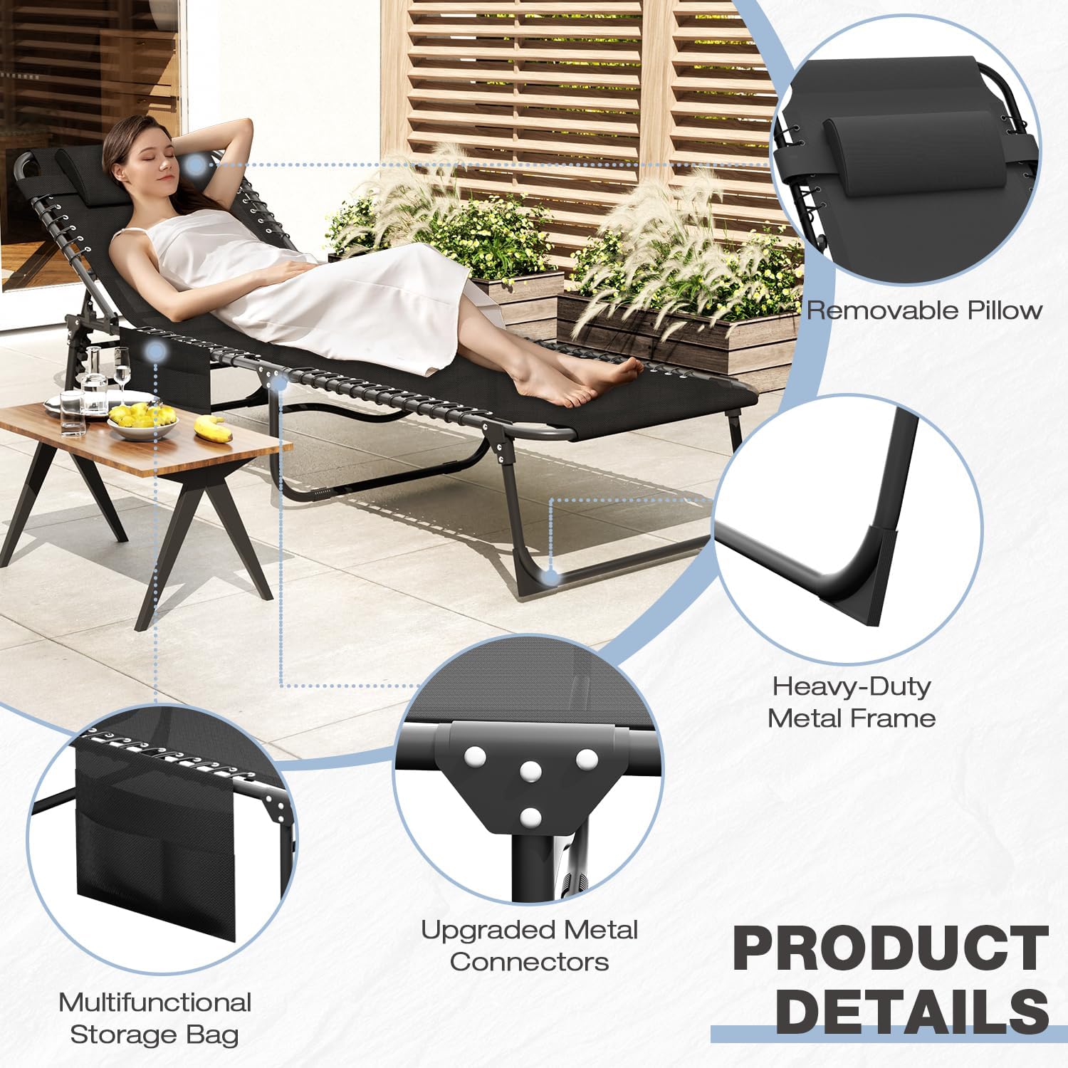 EBE Outdoor Lounge Chair Set of 2, Portable Patio Sun Tanning Chair with 4-Position Reclining Back, Pool Chaise Lounge Chair with Detachable Pillow and Side Pocket for Beach, Poolside, Black