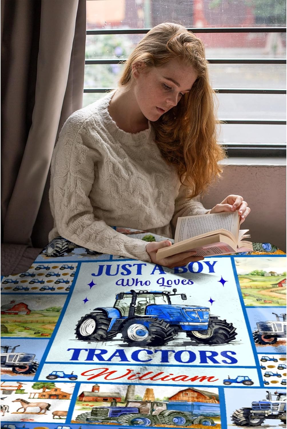 Custom Just A Boy Who Loves Tractors Blankets Gifts for Birthday Son On Bed Sofa,Personalized Premium Flannel Blankets for Christmas Thanksgiving, All Season Use 50''x 60'' -M