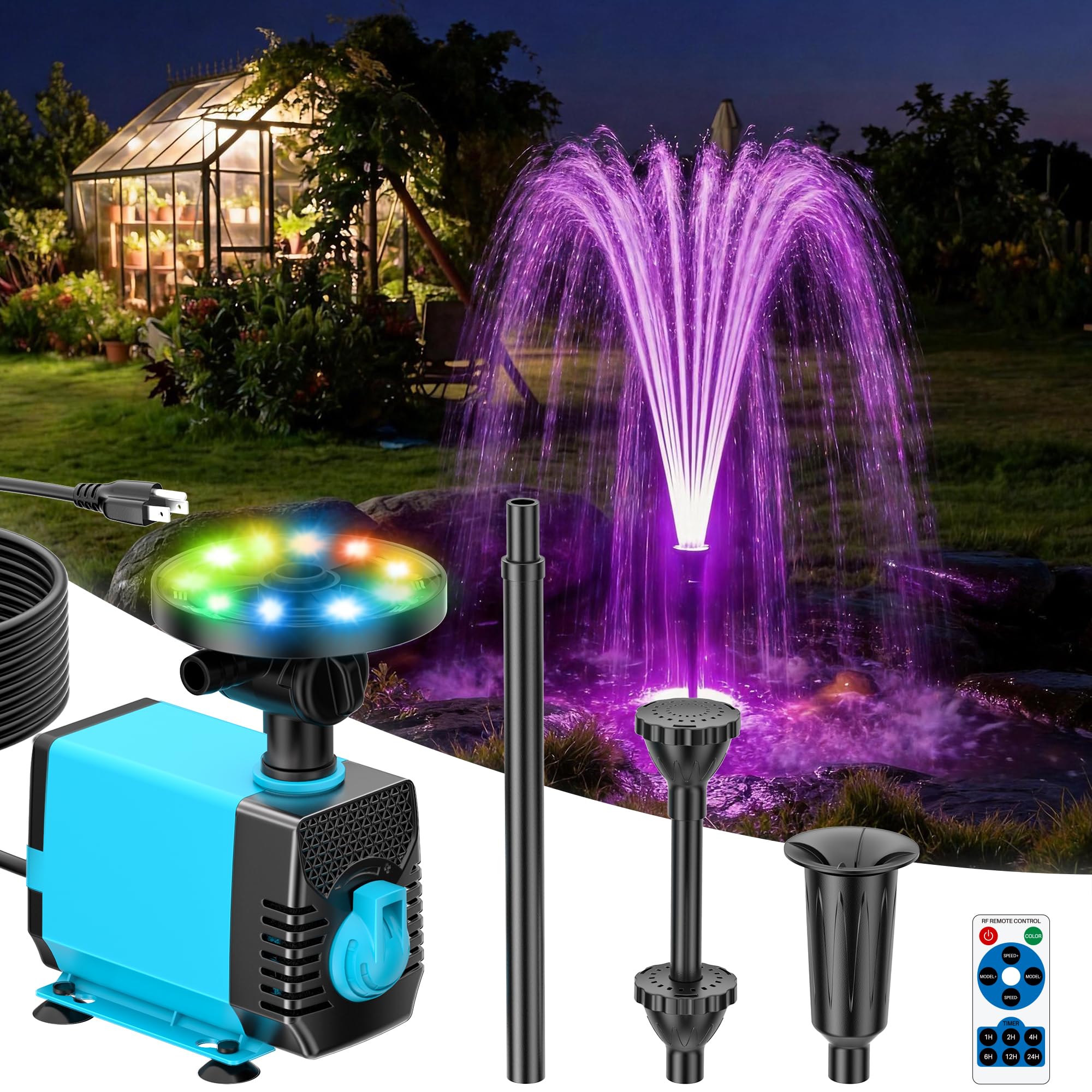 Photo 1 of POPOSOAP Pond Fountain Pump Kit with RGB Lights & Remote Control, 660GPH Quiet Submersible Water Pump, Pond Pump with 3 Nozzles for Garden Koi Ponds, Fish Tank,Backyard Water Features Decor-P1104D