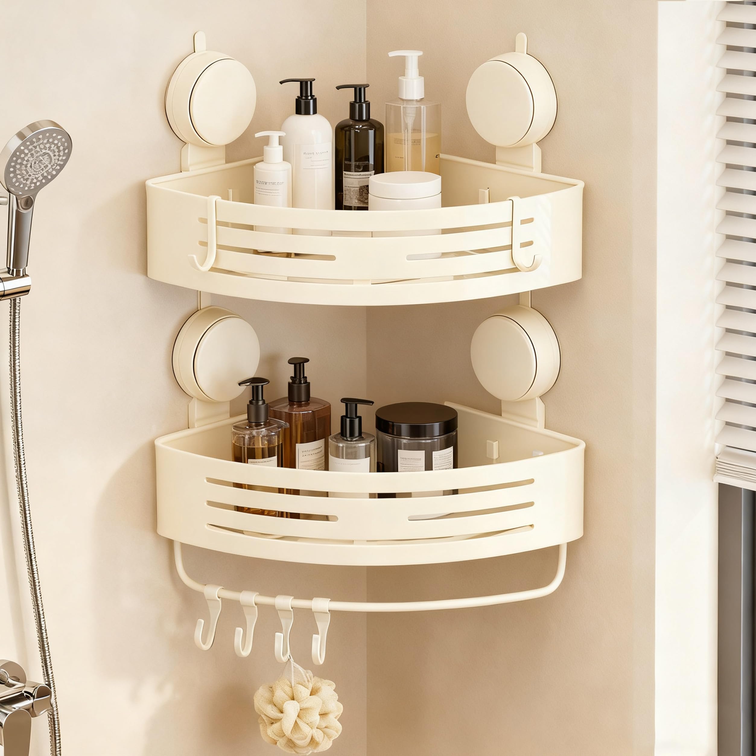 Structoline Corner Suction Cup Shower Caddy(2-Pack Cream White),No-Drilling Aluminum Shower Shelf with Towel Bar & Hooks,Removable Bathroom and