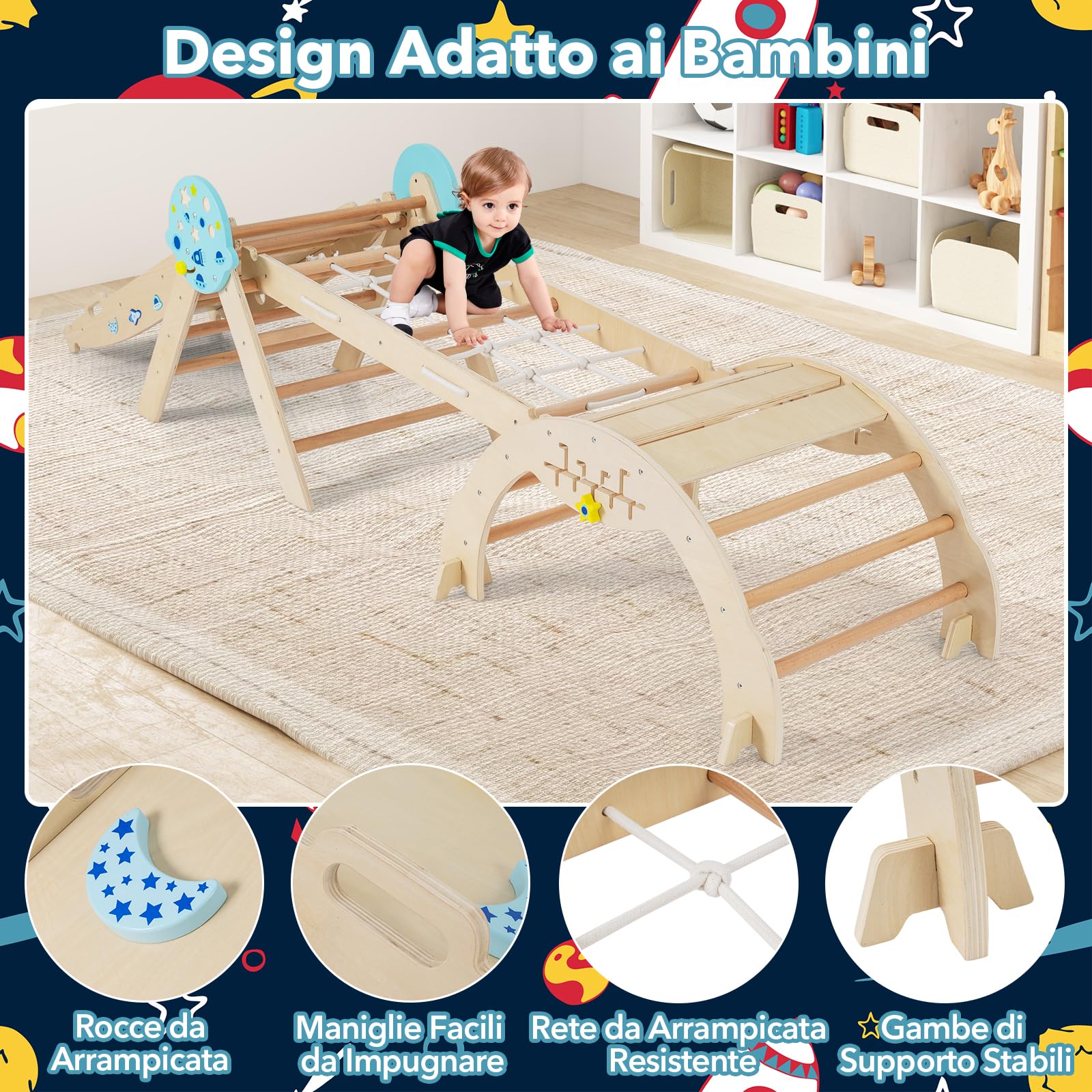 RELAX4LIFE Set da Arrampicata per Bambini, Triangolo di Arrampicata con Scivolo e Arco, Gioco di Incastri in Legno, Gioco Montessori per Bambini 1+ Anni