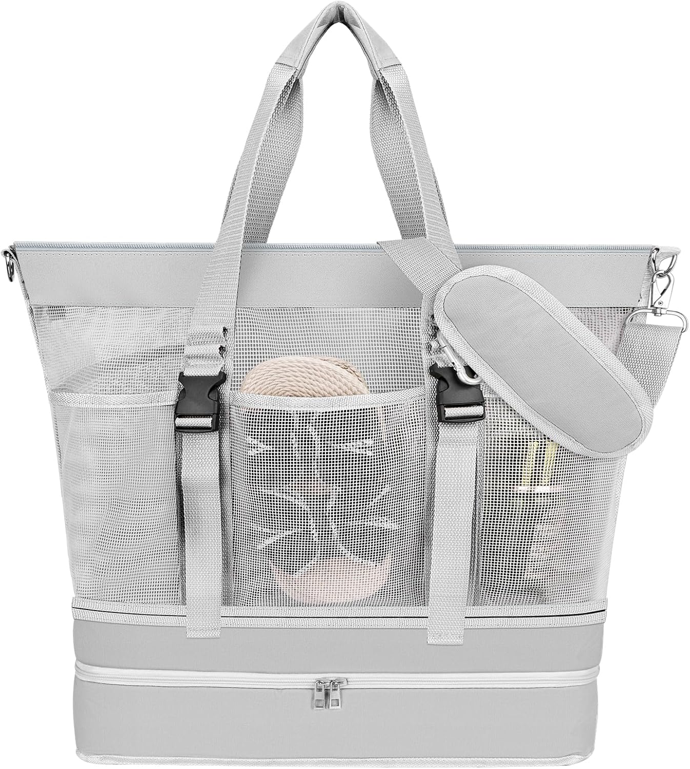 Yotako Beach Bag with Cooler,Mesh Beach Tote Bag with Zipper,2-in-1 Durable Tote with 10 Pockets Pool Swim Travel Essentials