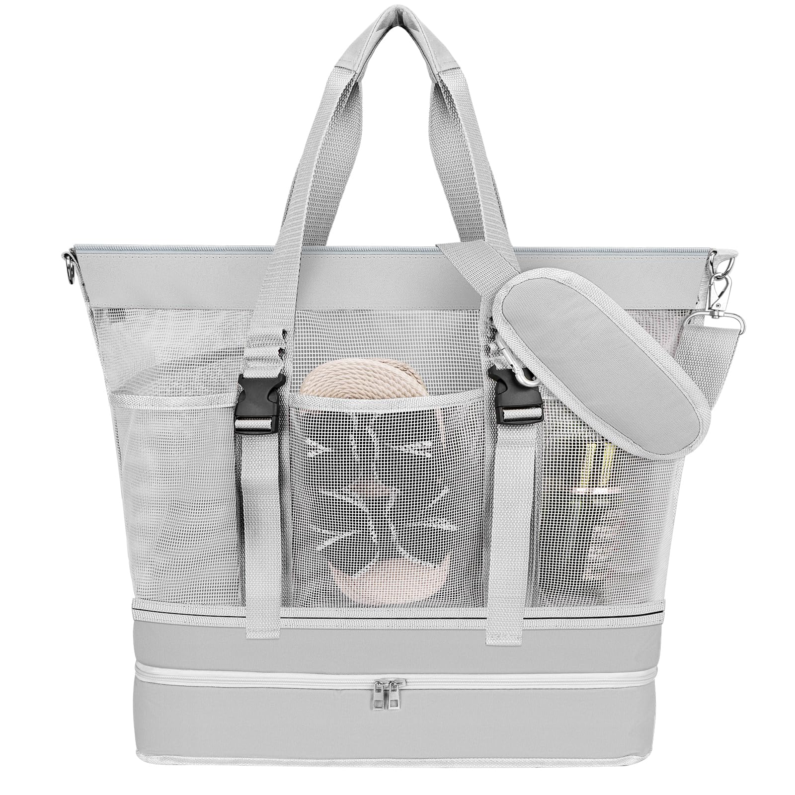 Yotako Beach Bag with Cooler,Mesh Beach Tote Bag with Zipper,2-in-1 Durable Tote with 10 Pockets Pool Swim Travel Essentials