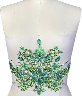 Gorgeous Pure Handmade Beaded Bling Bright Crystal Patches Sew on AB Rhinestones Waist Decoration Applique with Stones Sequins Beads DIY Craft Belt for Wedding Dress Decor Decorations (Green)