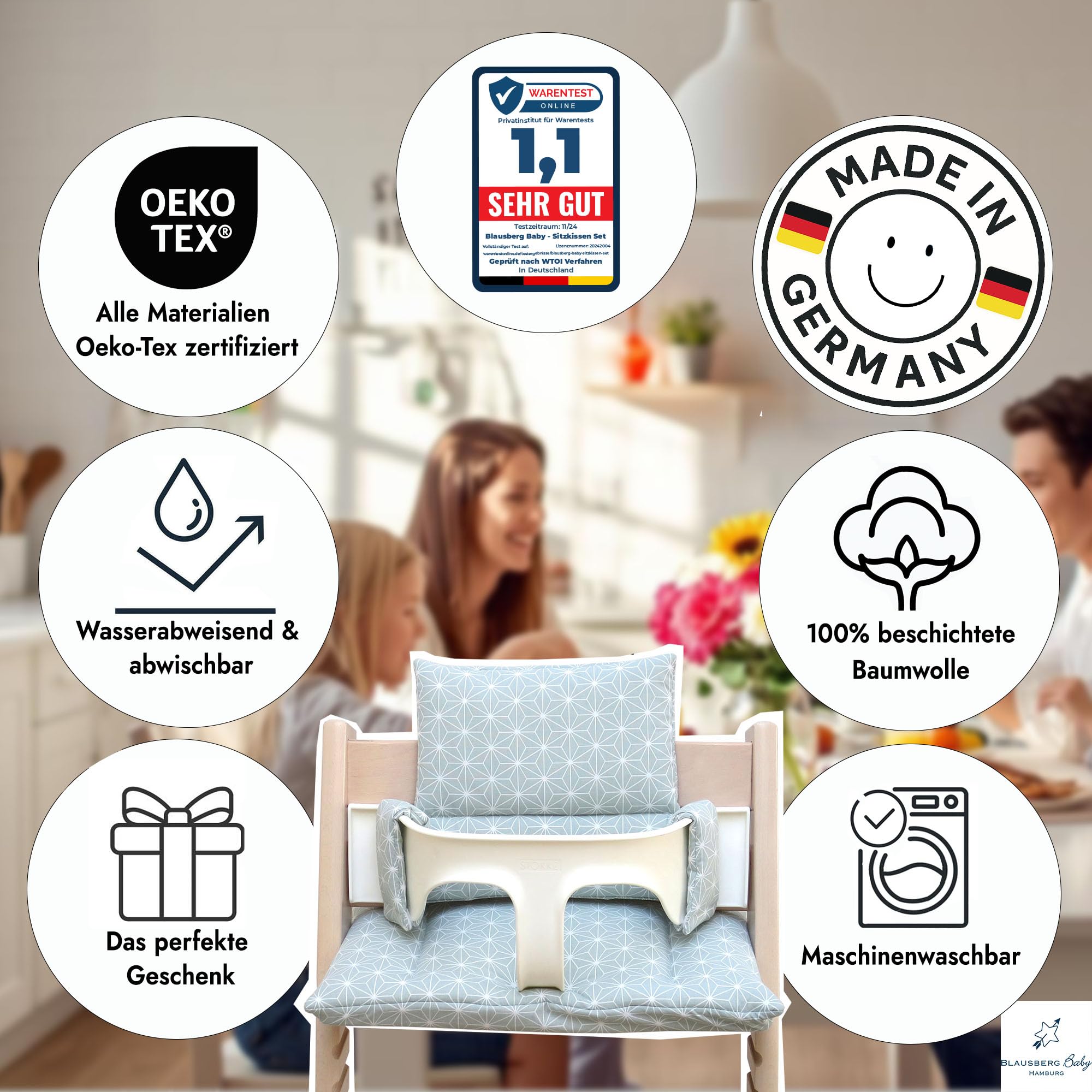Blausberg Baby - Sitzkissen Set kompatibel mit Tripp Trapp® Stokke Hochstuhl Sitzkissen ABWASCHBAR Öko-Tex Baumwolle, 6 cm Sitzpolster nutzbar mit Baby Set & Holzbügel & Tray Table - Happy Star Grün