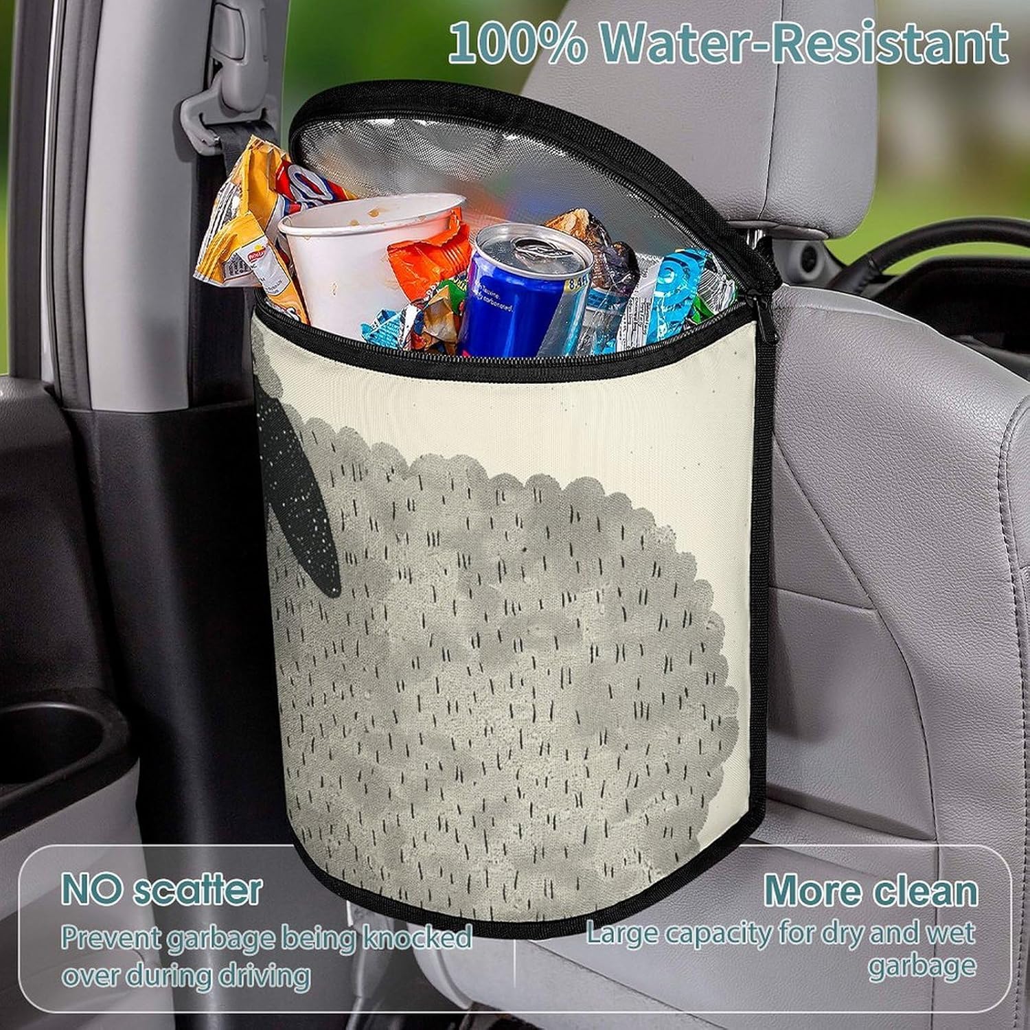 MUSM Leakproof Car Trash Can 2.5 Gallon, Durable Automotive Garbage Bag with Waterproof Liner, Gray and Black Sheep Trash Bag for Car, Truck, RV & Bathroom