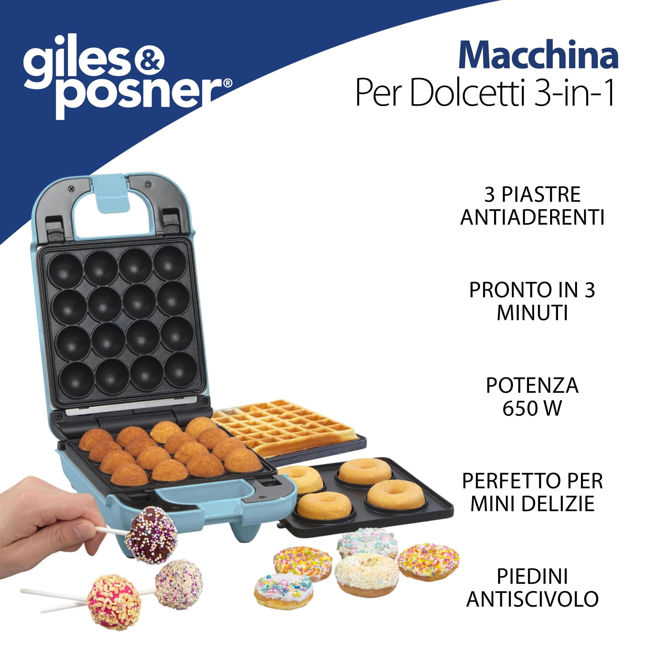 GILES & POSNER 3-in-1 Mini Treat Maker – Macchina per Ciambelle, Cake Pop, Waffle Iron, Piastre di Cottura Antiaderenti Rimovibili, Facile da Pulire, Compatta, Pasticceria per Bambini, Azzurro, 650 W