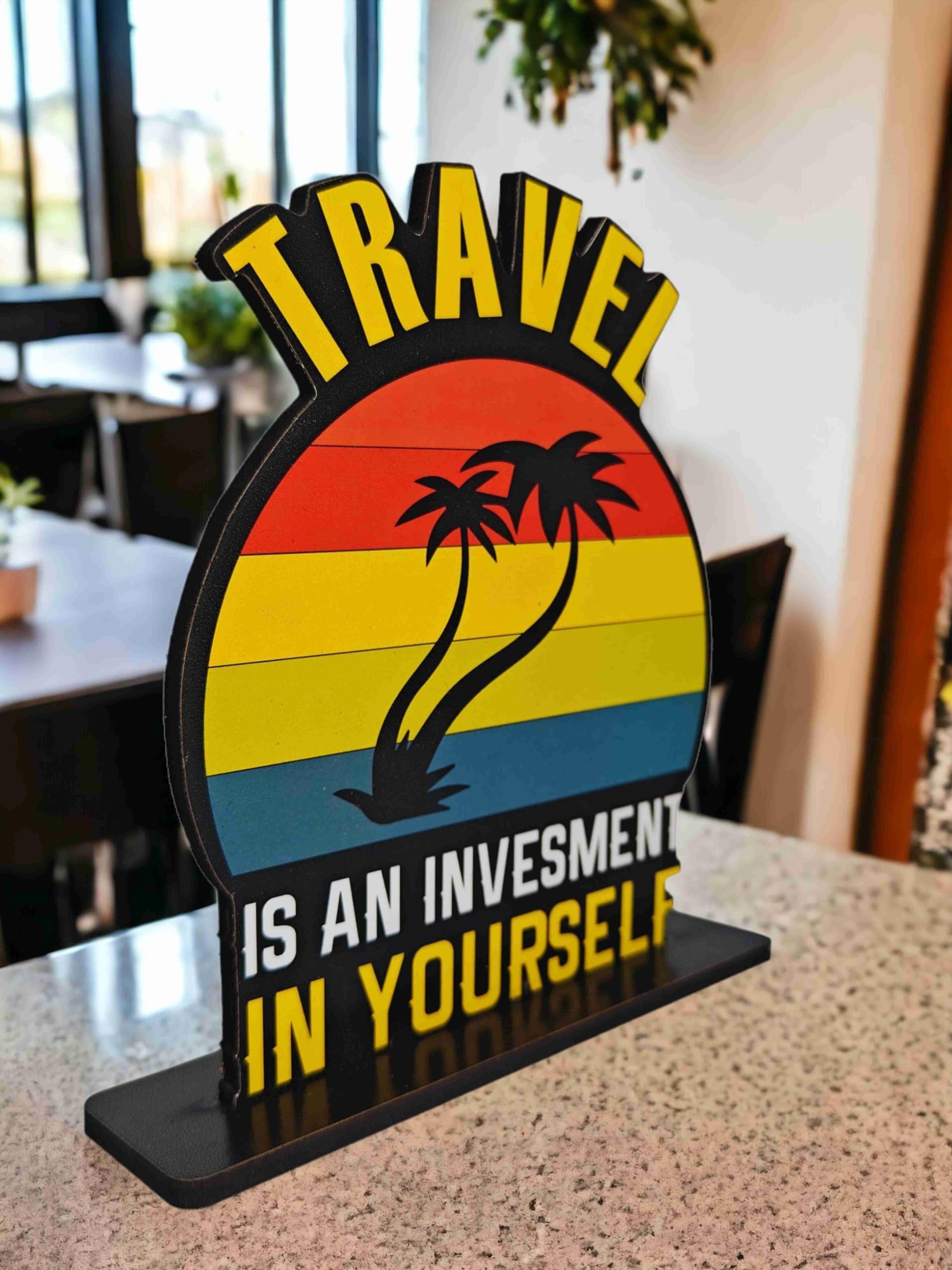 Wooden Idols And Figurine Travel Is An Investment In Yourself Motivational Quote Table Decor For Office Desk, Home Decor Item, Living Room, Bedroom, Modern Art Wood Showpieces, Inspirational, 3 Cm