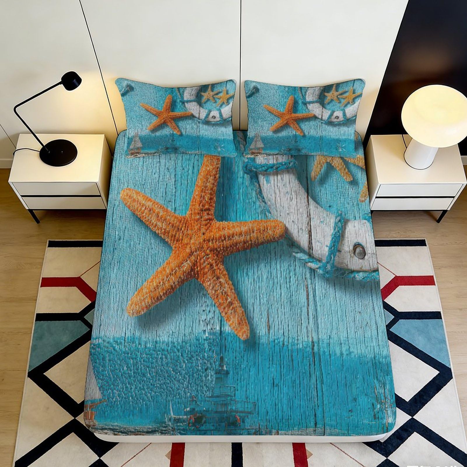 3D Printed Starfish Nautical Anchor Fitted Sheet Microfiber Non Slip Mattress Cover for Bedroom Guest Room Decor 180x200x25cm