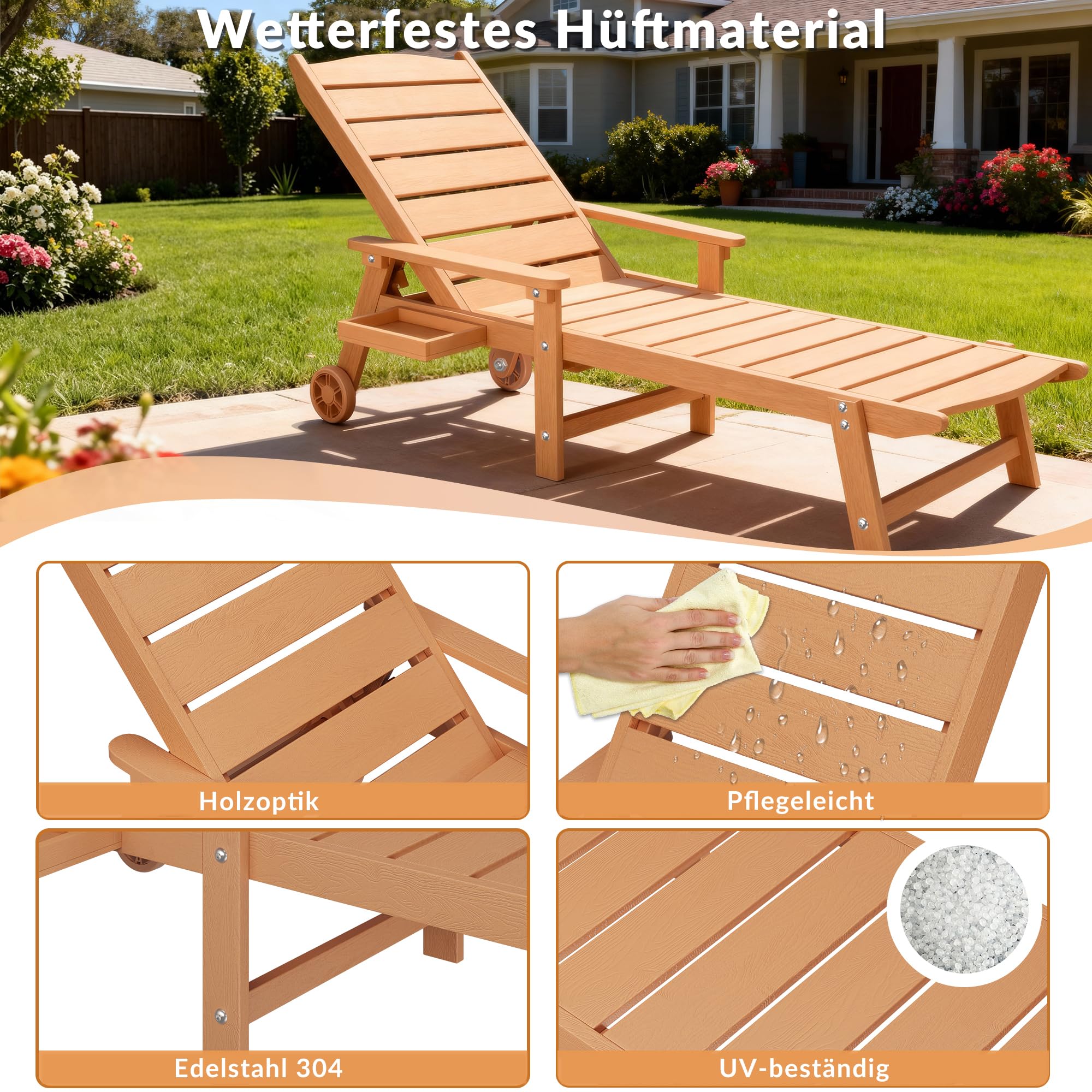 Outdoor-Liegestuhl mit Rollen, 2 m Lange Sonnenliege, 5-Fach verstellbare Rückenlehne (Flache Liegeposition), ausklappbares Seitentablett, wetterfest, für Pool, Terrasse und Strand