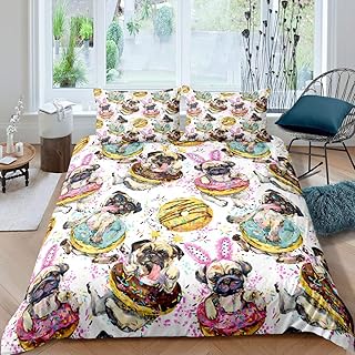 Erosebridal Dog Bedding Set, Dessert Donuts Duvet Cover for Kids Boys Girls Cute Puppy Comforter Cover Twin Size Lovely Pug Animal Confetti Bedspread Cover 2 Pcs with 1 Pillow Case