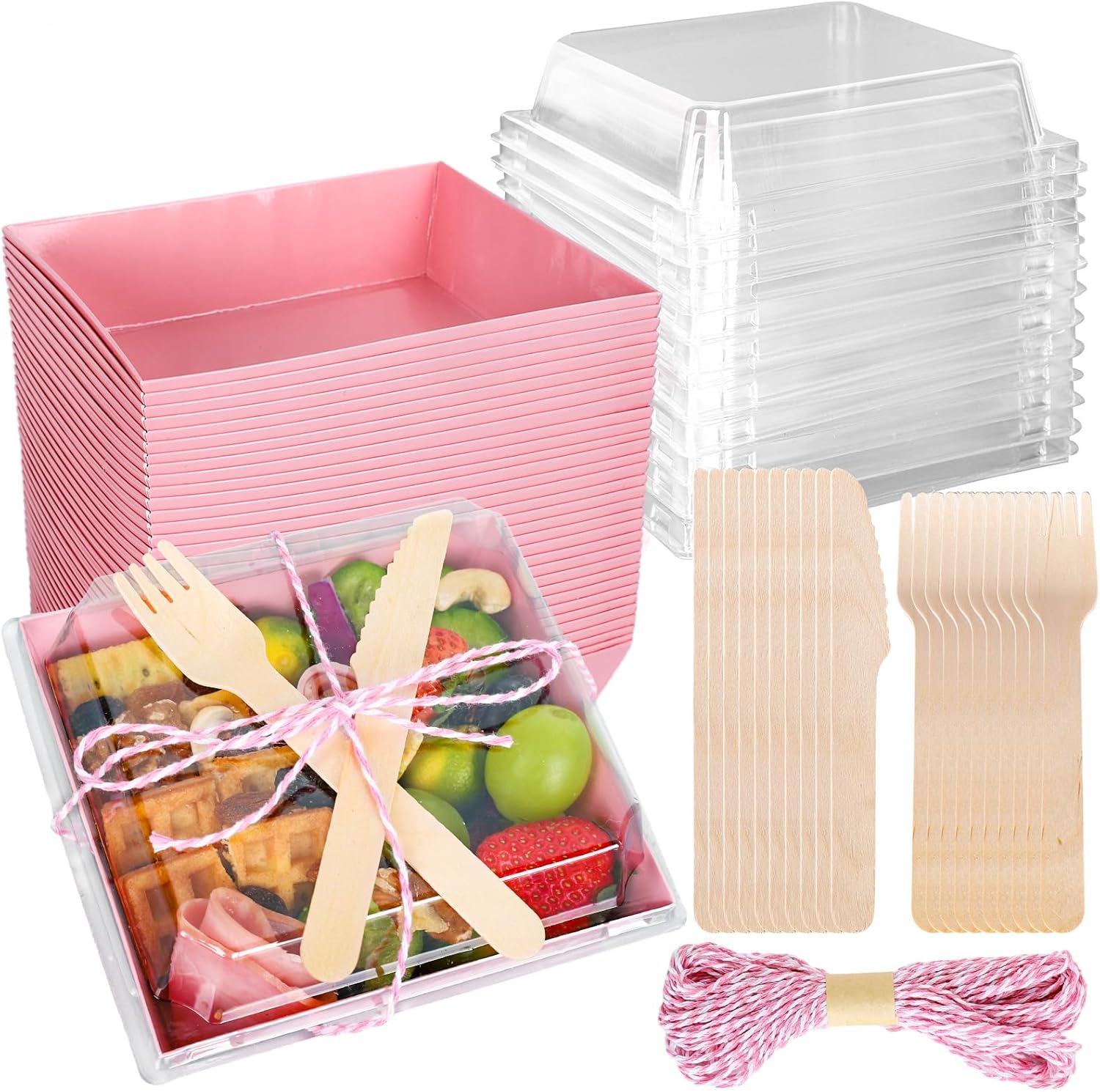Whaline 50 Set Red Small Charcuterie Boxes with Clear Lids Forks Knives Mother's Day Clear Mini Dessert Box Disposable Food Container for Gift Giving Wedding Party Sandwich Cookie Sushi Cake