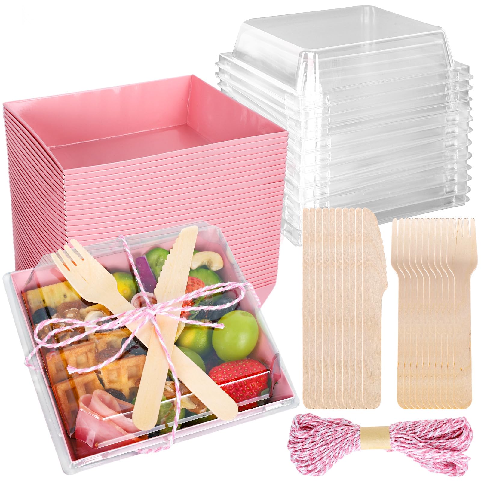 Boîtes à charcuterie roses pour pique-nique chic et brunch de baptême avec mini couverts
