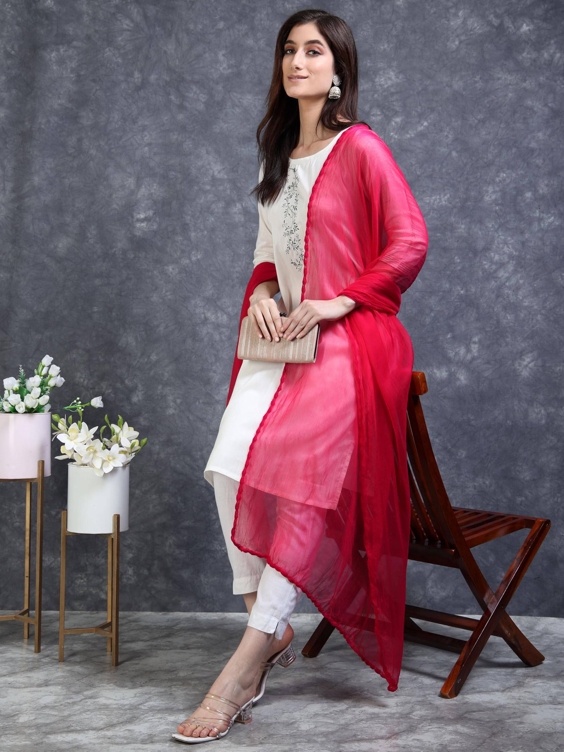 Miraan Solid Pure Chiffon Dupatta with Woven Border, 2.25 meters length (CHIFFDUPDARKPINK06_Dark Pink) - Image 6 thumbnail
