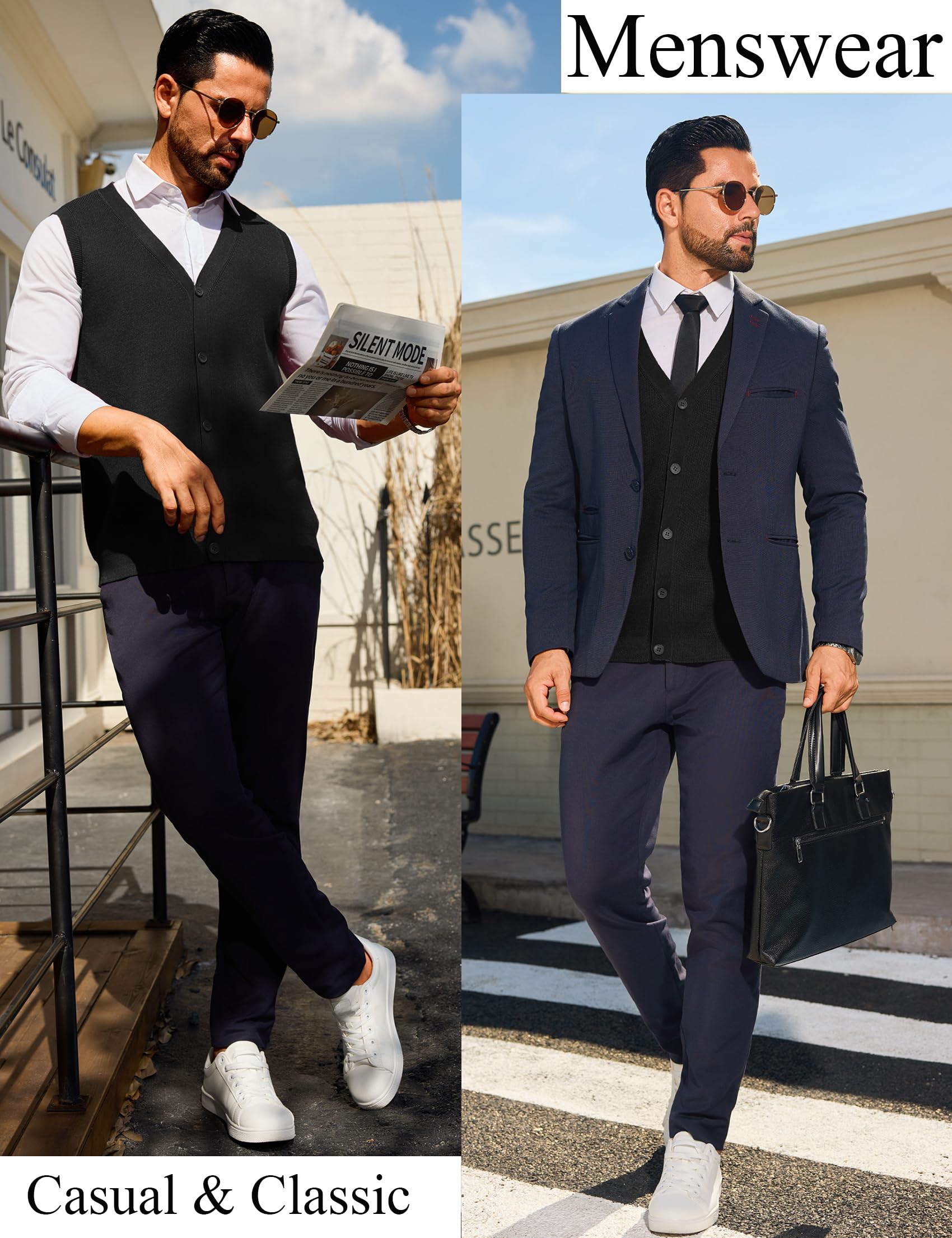 Sykooria Gilet Cardigan Homme sans Manches à Col en V Pull Tricoté Débardeur Léger et Élégant avec Boutons S-XXL