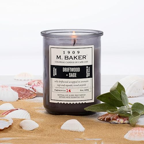 Miniatura 2 de M. Baker by Colonial Candle - Vela perfumada en tarro de vidrio de boticario, madera flotante y salvia, mezcla de cera de soja natural, 8 onzas,