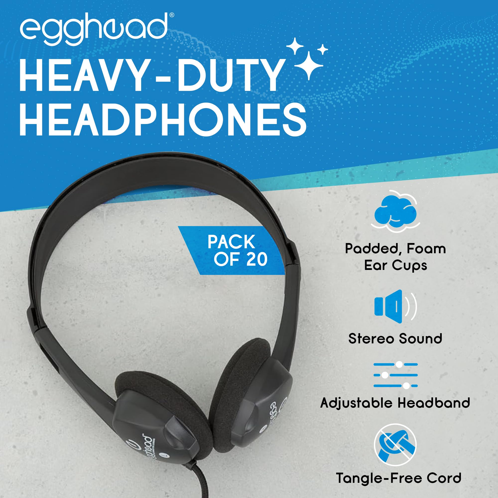 Egghead Wytrzymałe dziecięce słuchawki stereo z poduszkami na uszy i przewodem 100 cm, regulowane, nieplączące się nauszne słuchawki stereo, 20 sztuk, czarne