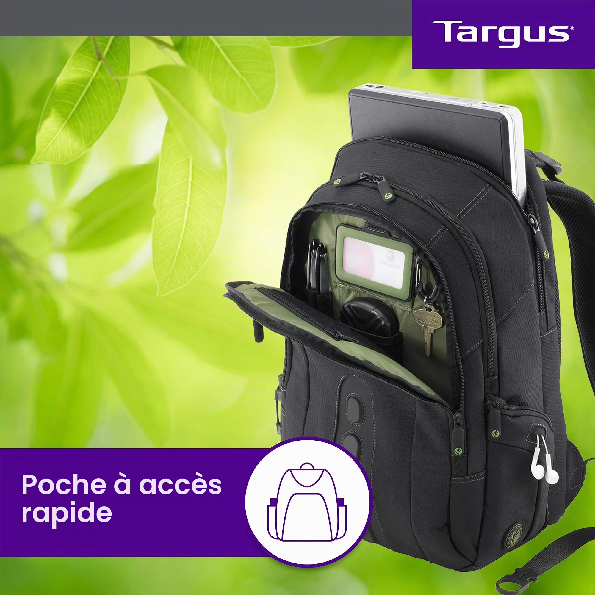 Targus EcoSpruce Sac à Dos Ordinateur 27 L, Sac pour Ordinateur jusqu'à 15,6'', Sacoche Ordinateur fabriqué en Bouteilles en Plastique recyclées - Noir, TBB013EU