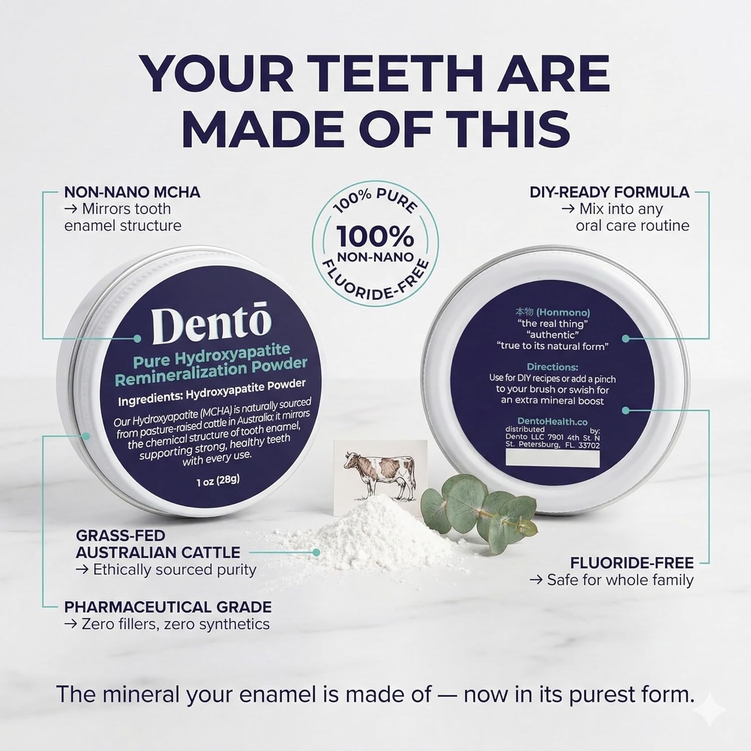 Dento 1 oz Hydroxyapatite (MCHA) Natural Teeth Whitening Powder & Enamel Strengthener – Sourced from Pasture-Fed Cattle - Remineralizing Tooth Powder Fluoride Free & Non-GMO