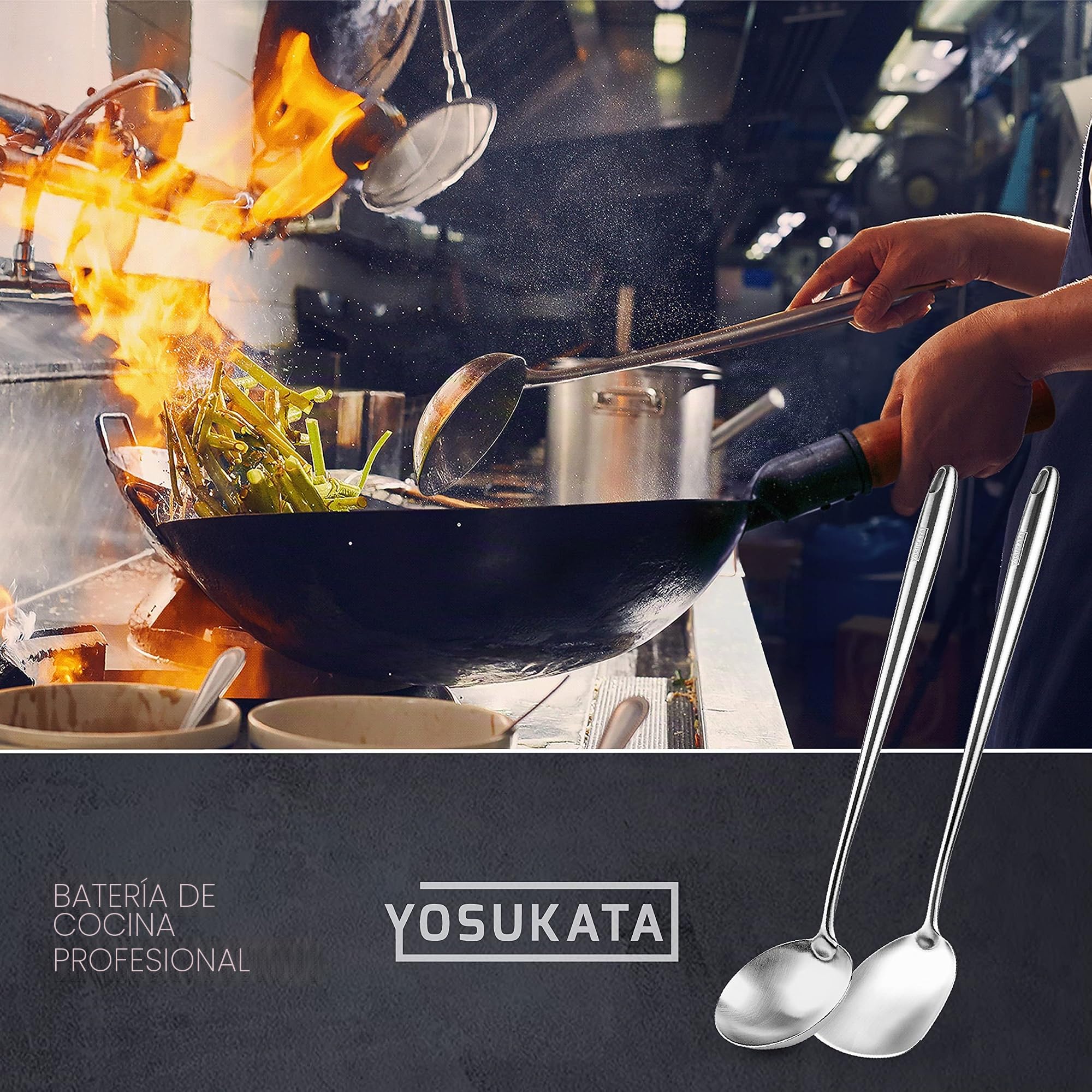 YOSUKATA Sartén Wok de Acero al Carbono 34 cm – Pre-sazonado de Fondo Plano + Espátula y Cucharón para Wok 43 cm