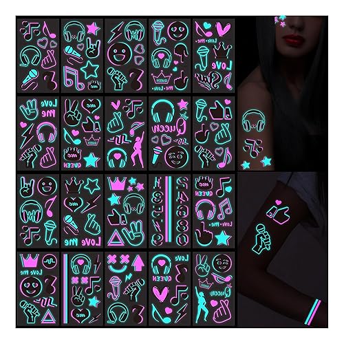 12 tatuajes temporales que brillan en la oscuridad de tamaño grande Adhesivos fluorescentes fluorescentes de neón para adultos con purpurina