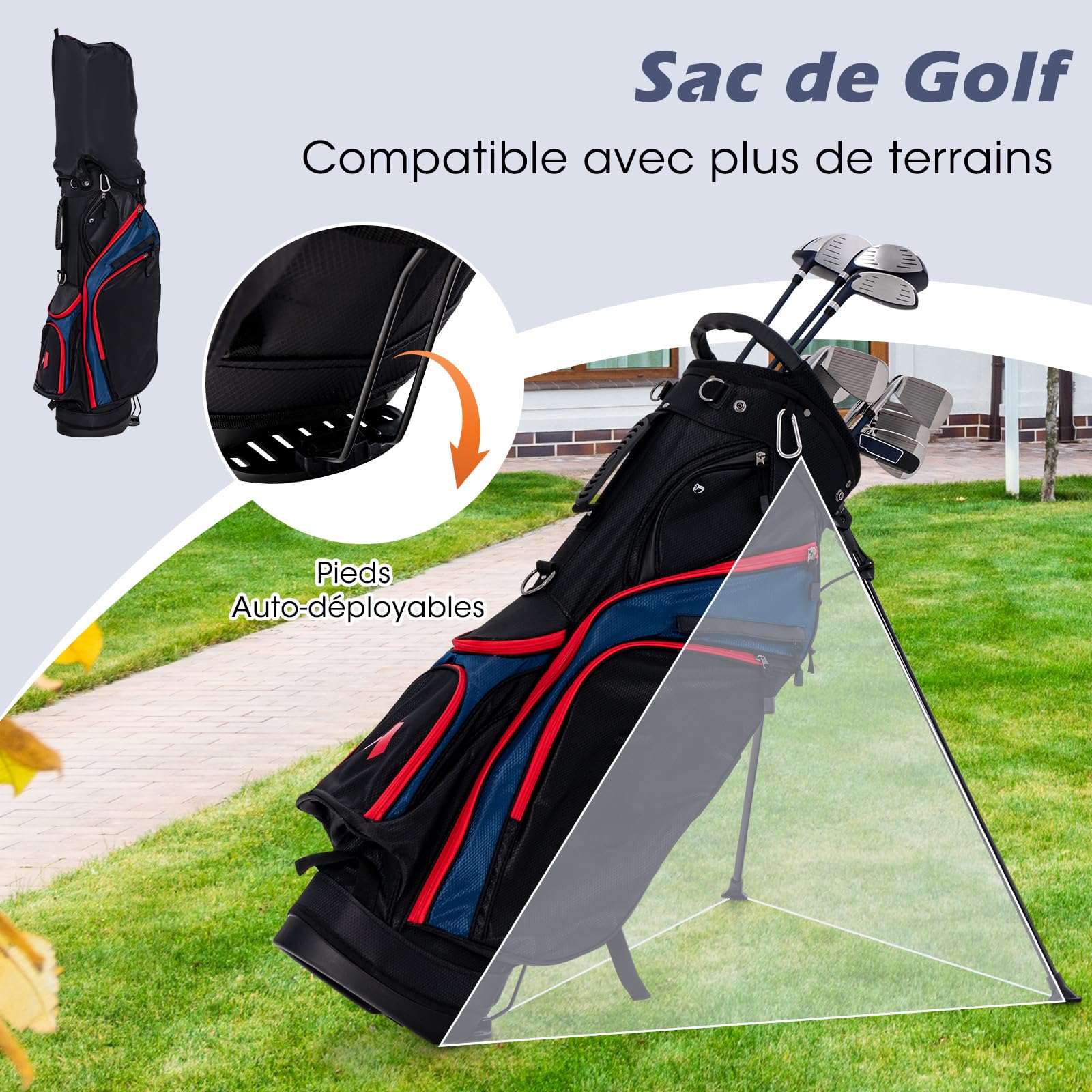 COSTWAY Ensemble Club de Golf Portable, Sac Trépied avec Capuche Anti-Pluie Driver 460CC #1, Bois de Parcours #3, Hybride #5, Fers #5#6#7#8#9#P #S et Putter, pour Droitier