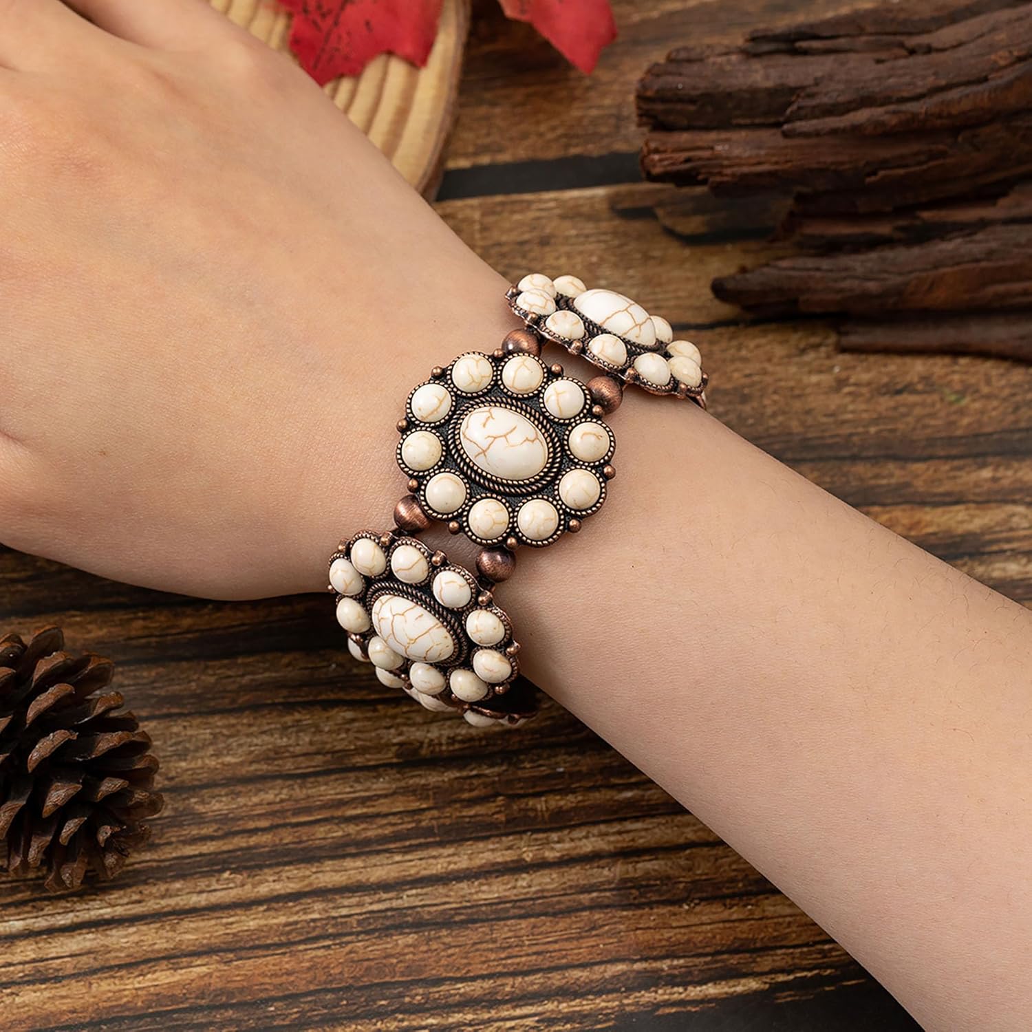 4 PCS Western Turquoise Jewelry for Women Boho Vintage Navajo Pearl Necklace Earring Bracelet Ring Set Country Cowgirl Accessories for Gift - Image 7