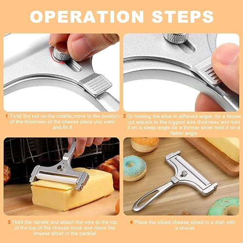 Miniatura 6 de Patelai Cortador de queso de alambre de acero inoxidable con alambre de grosor ajustable, cortador de bloque de queso de mano para cheddar gruyere