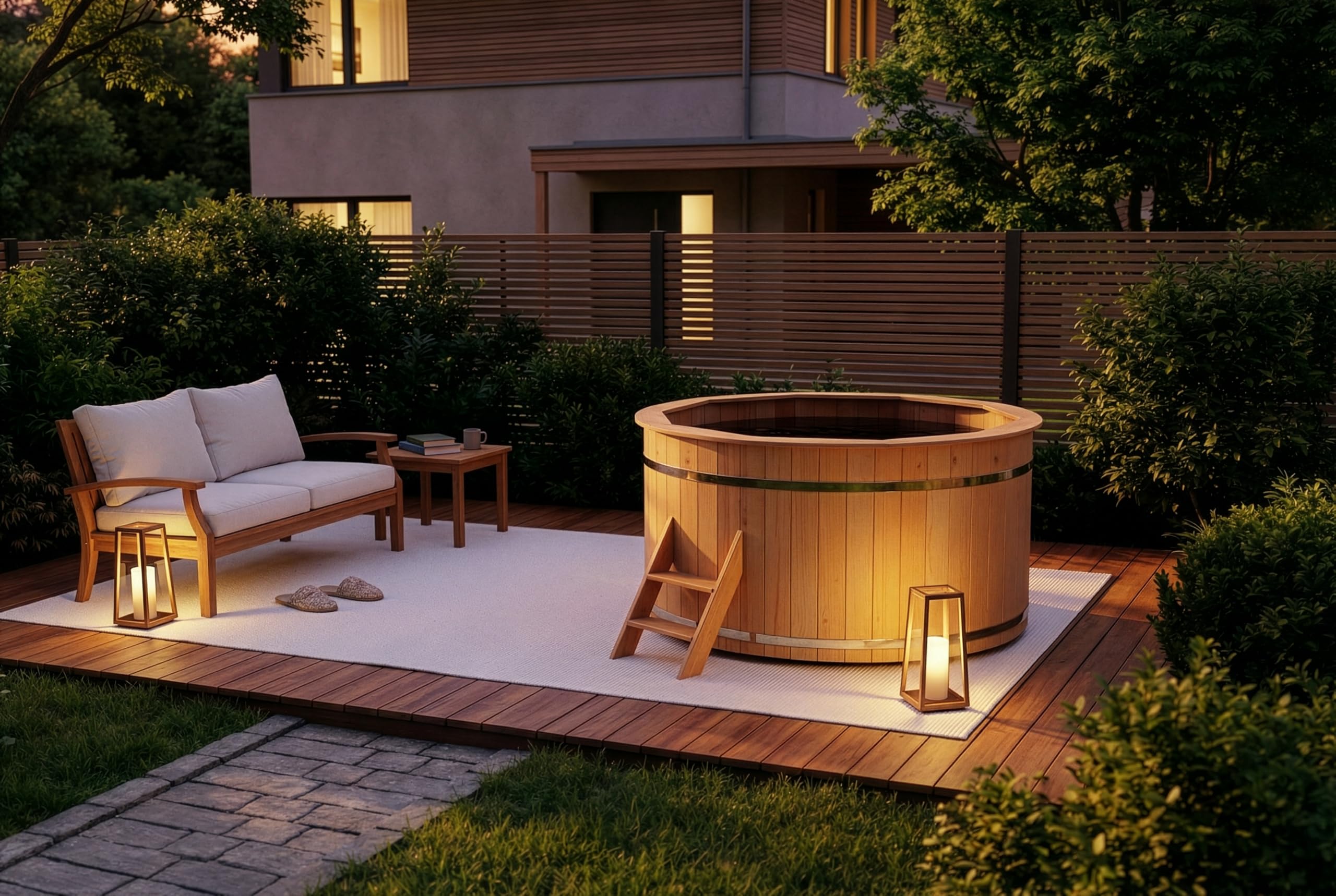Holz Badefass Bergen, Hot Tub Ø 180 x 110 cm für 5-6 Personen, inkl. Einstiegsleiter & Sitzbänken