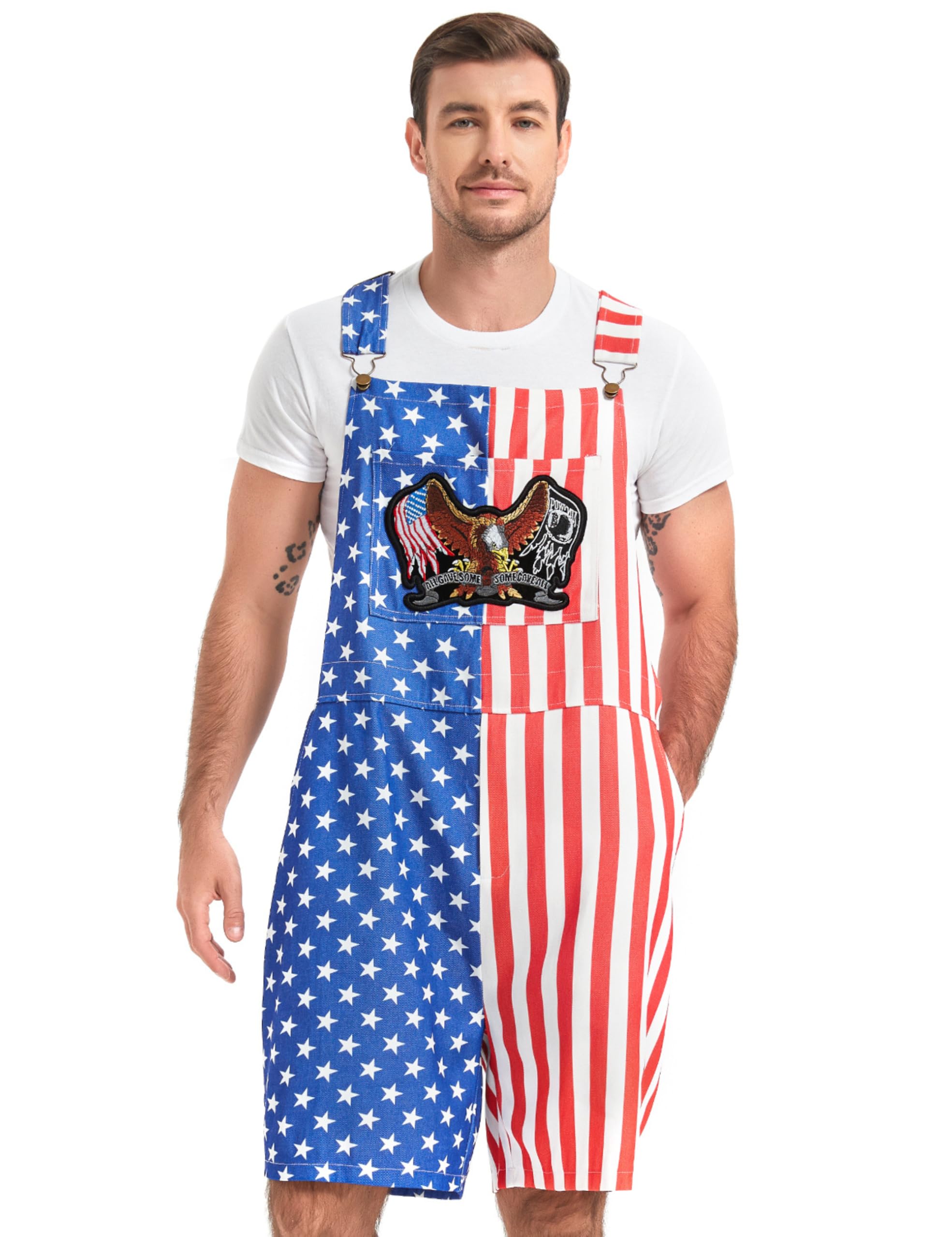 American Flag Bib Overalls Shorts for Men, 4th of July Patriotic Denim Romper, Independence Day USA Workwear Jumpsuit, American Flag, Large