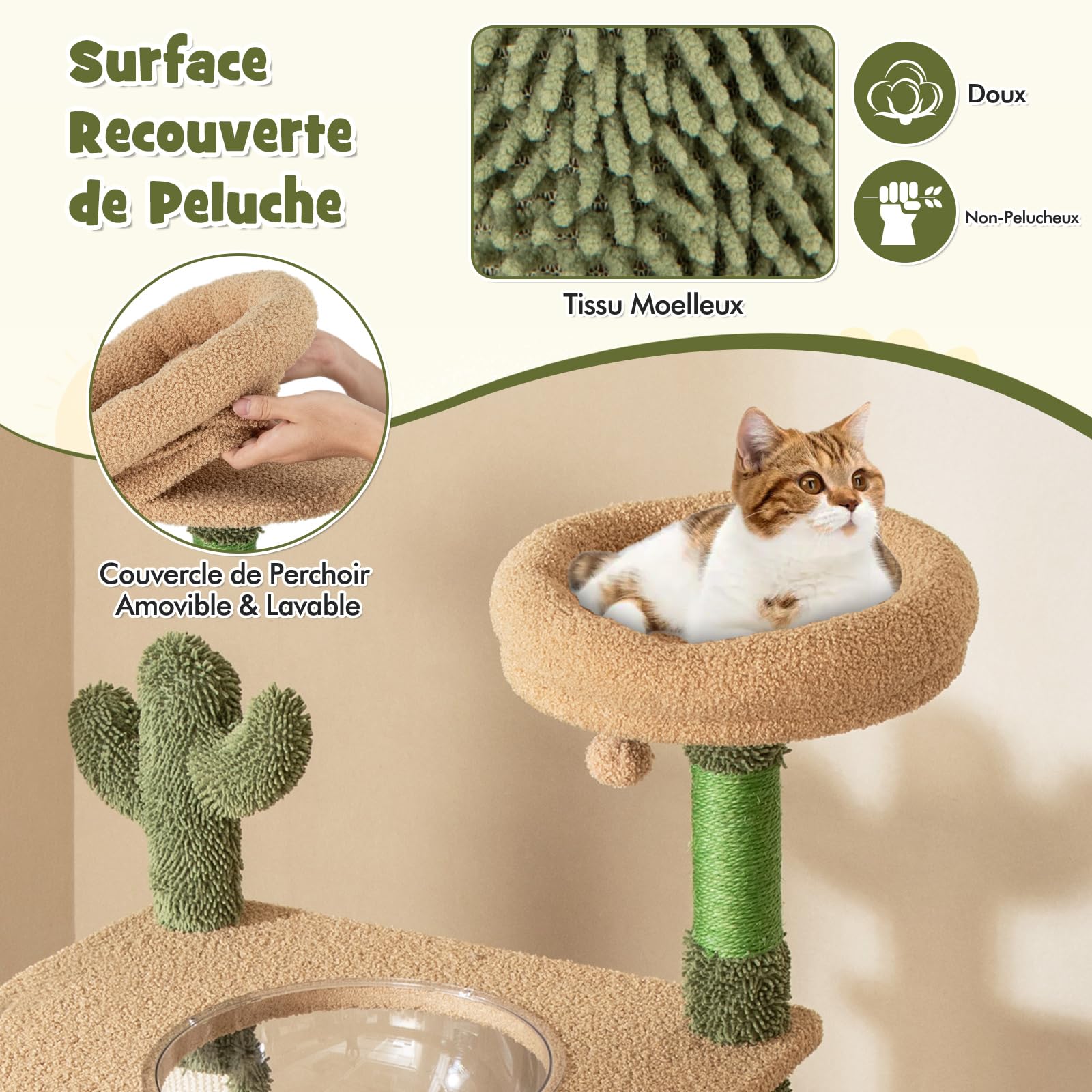 COSTWAY Arbre à Chat Cactus 150 cm, Tour pour Chats à 5 Étages, 4 Plateformes, Condo, Capsule, Arbre à Chat XXL, Brosse d'Toilettage, Planche à Griffer, 3 Poteaux à Griffer en Sisal