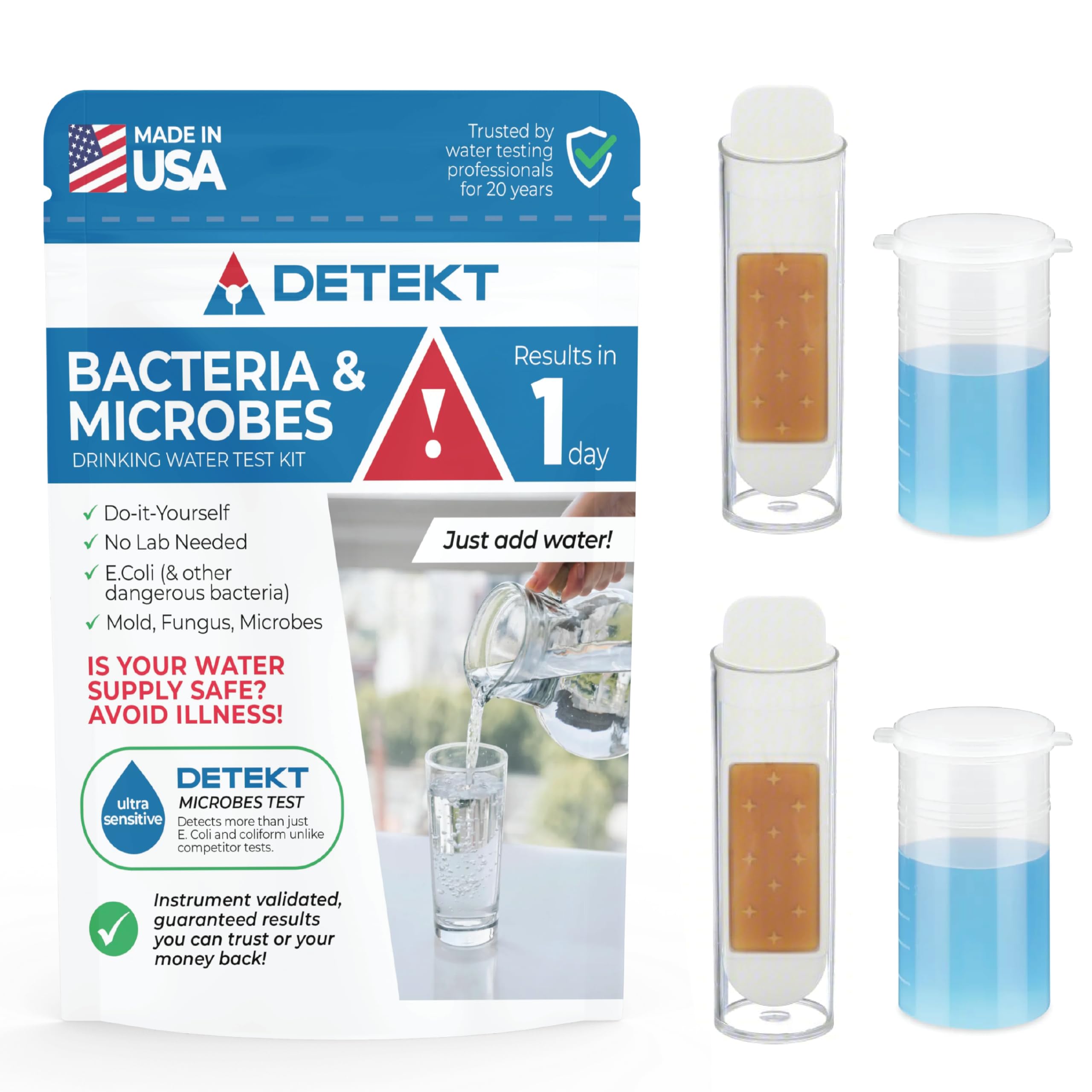 #1 Bacteria in Water Test Kit by Detekt® – Detect Bacteria, Mold, Fungus in Drinking, Tap or Well Water – Choose Made-in-USA – Results in 72 Hrs – More Than Coliform/E. Coli (1 Kit = 2 Tests)