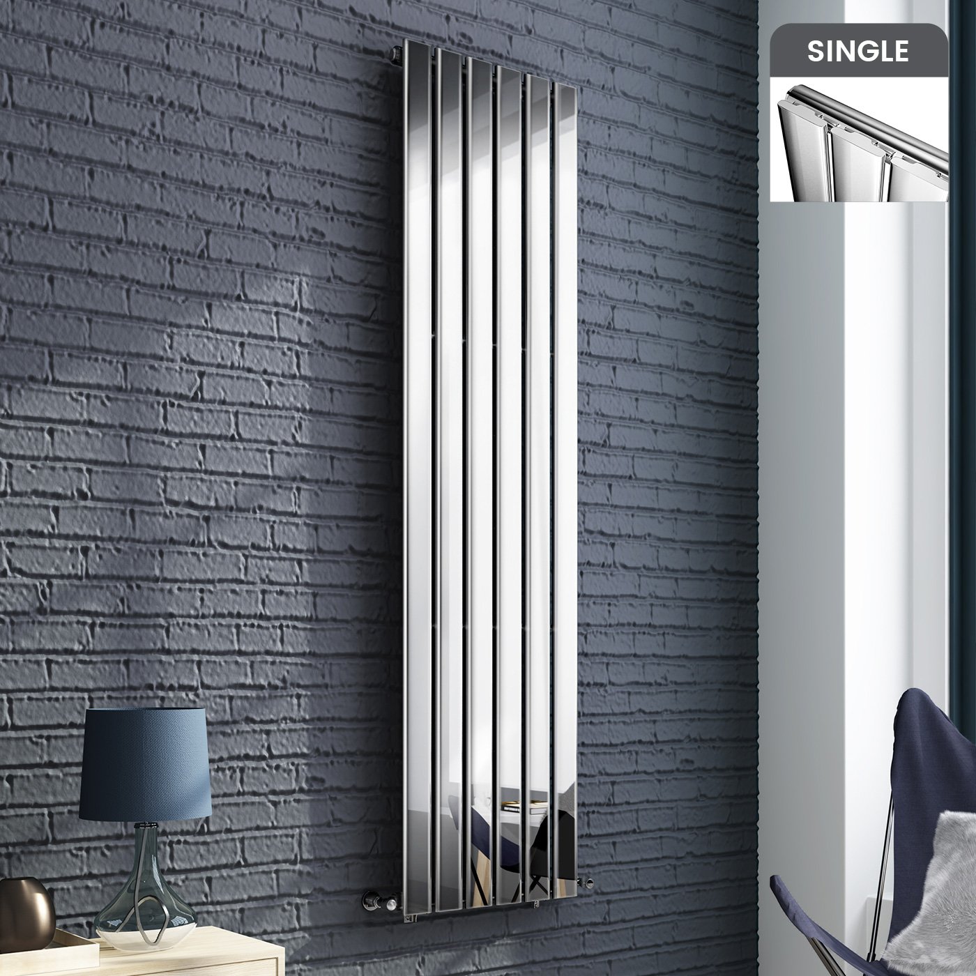 iBathUK Apex Wall-Mounted Vertical Single Slim Flat Panel Radiator, Steel Chrome High Thermal Output Hydronic Central Heating, Designer Modern Radiator in Chrome, 1800 × 456mm — image 1