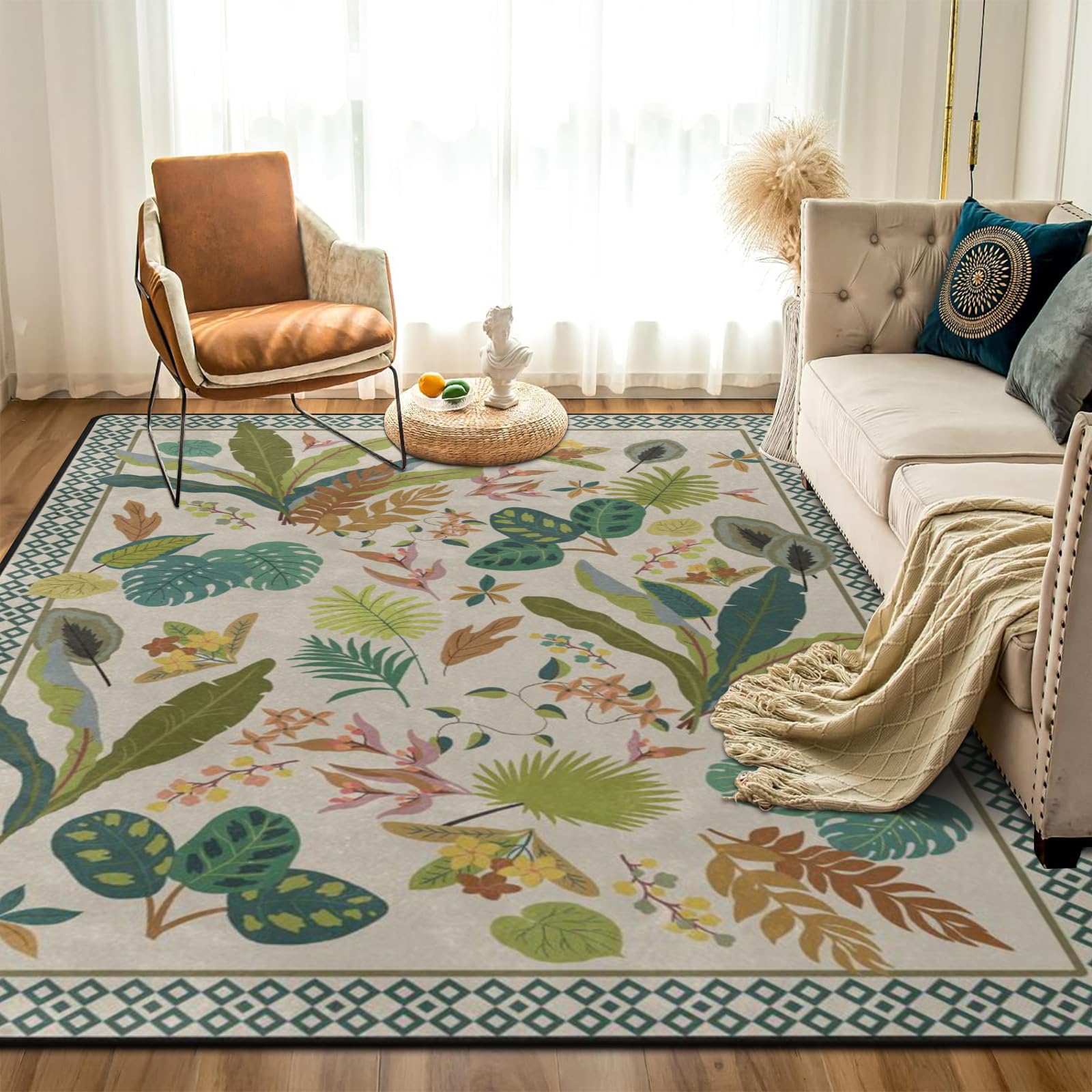 Vintage Botanical Floral Area Rugs 7' x 5' Green Boho Leaves Plants Rug Non Slip Carpet Mat for Dinning Room Living Room Bedroom Farmhouse