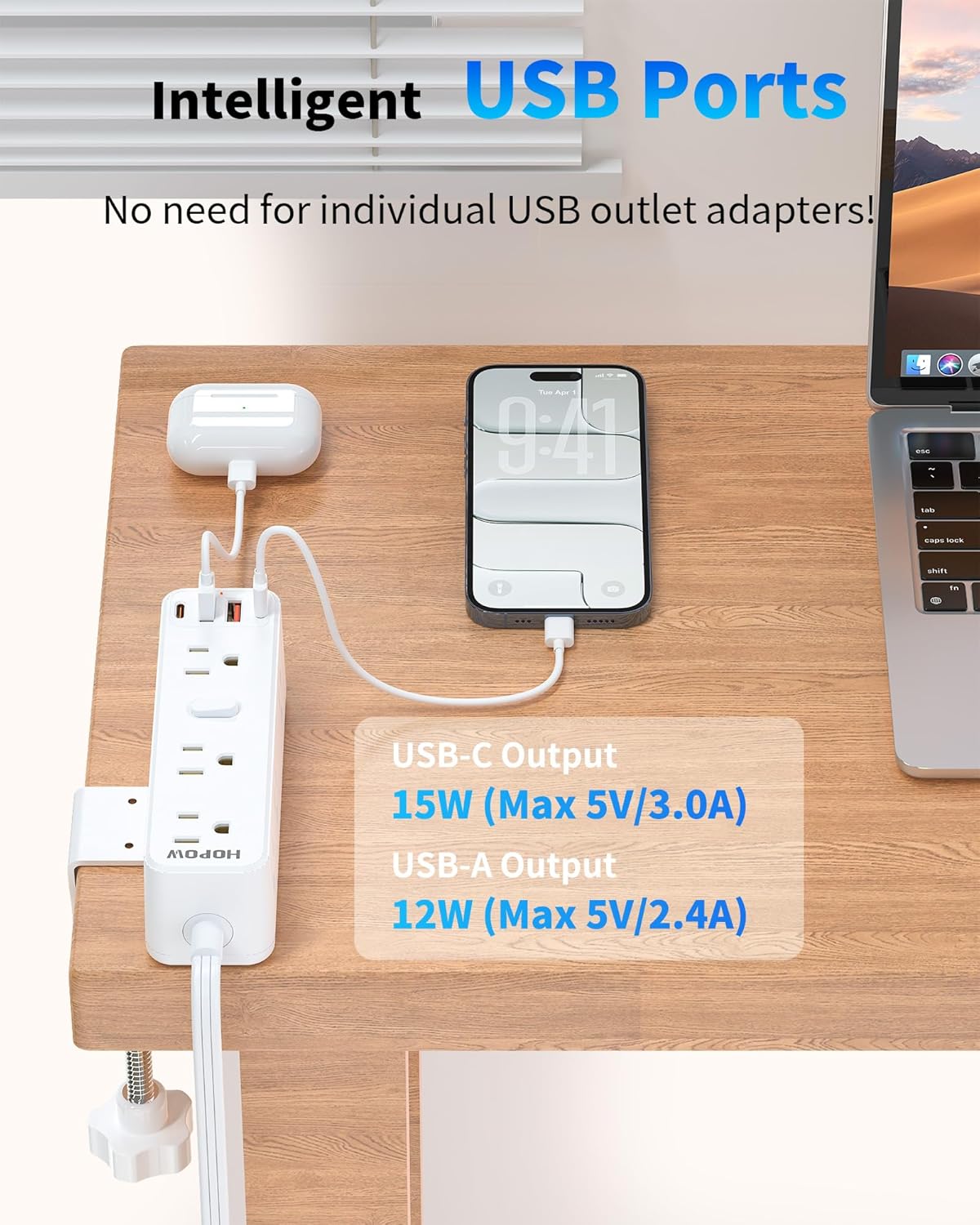 Desk Clamp Power Strip, Desktop Edge Mount Charging Station with 9 AC Outlets 4 USB (2 USB C), Fit 2.75" Tabletop, Under Desk Surge Protector 1700J, 10 Ft Extension Cord for Home Office, White